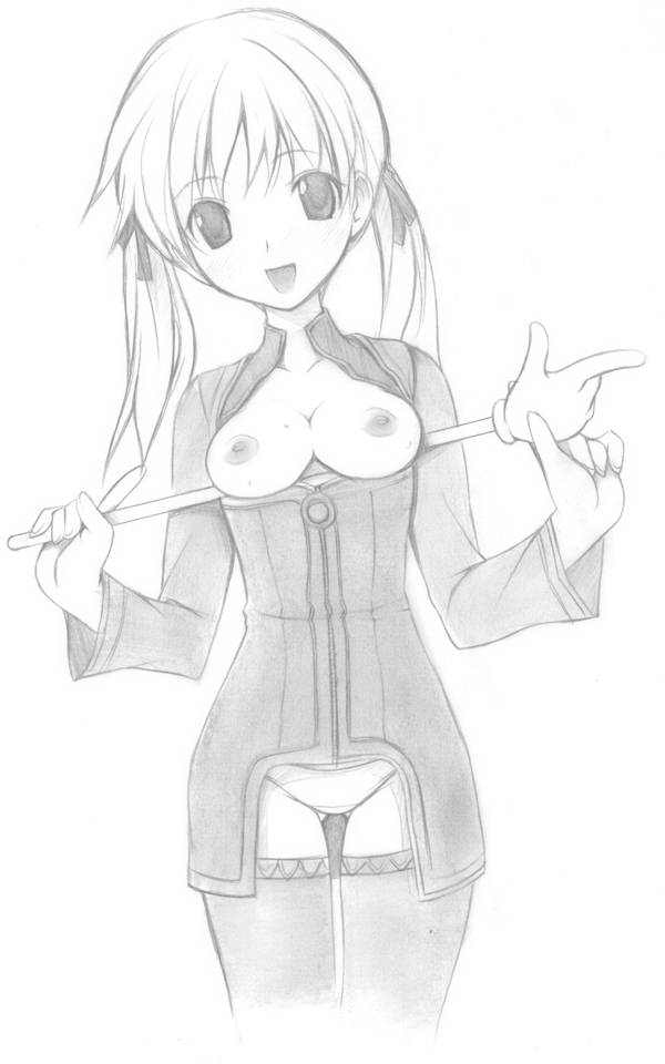 welch vineyard, star ocean, star ocean: till the end of time, blush, breasts, greyscale, long hair, monochrome, open clothes, open shirt, panties, shirt, sketch, solo, thighhighs, twintails, underwear