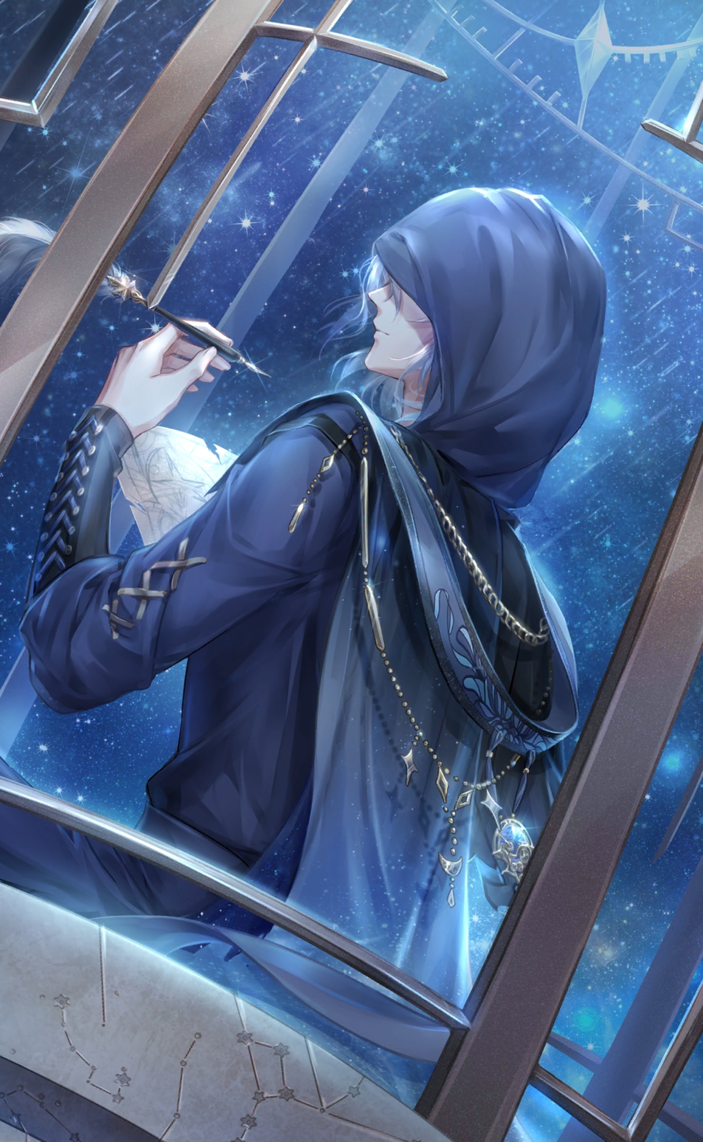 nikki (series), shining nikki, artist request, game cg, highres, official art, 1boy, big dipper, blue cloak, blue shirt, camelopardalis (constellation), cloak, closed mouth, constellation, covered eyes, cowboy shot, cross-laced clothes, cross-laced sleeves, draco (constellation), dutch angle, from side, holding, holding map, holding pen, hood, hood up, hooded cloak, indoors, leonid (shining nikki), male focus, map, observatory, pen, pointy nose, shirt, short hair, sitting, solo, space, star (symbol), ursa major (constellation), ursa minor (constellation), white hair