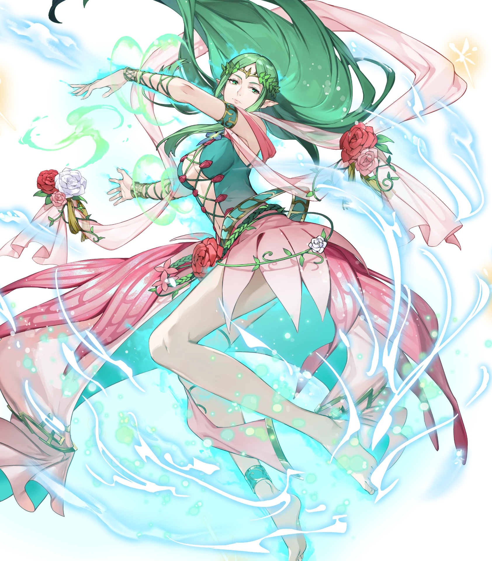 naga (fire emblem), naga (resplendent) (fire emblem), fire emblem, fire emblem awakening, fire emblem heroes, nintendo, highres, non-web source, official art, 1girl, bare shoulders, breasts, bug, butterfly, center opening, expressionless, flower, flower skirt, green eyes, green hair, insect, long hair, medium breasts, navel, parted bangs, pointy ears, red flower, red rose, rose, shawl, solo, very long hair