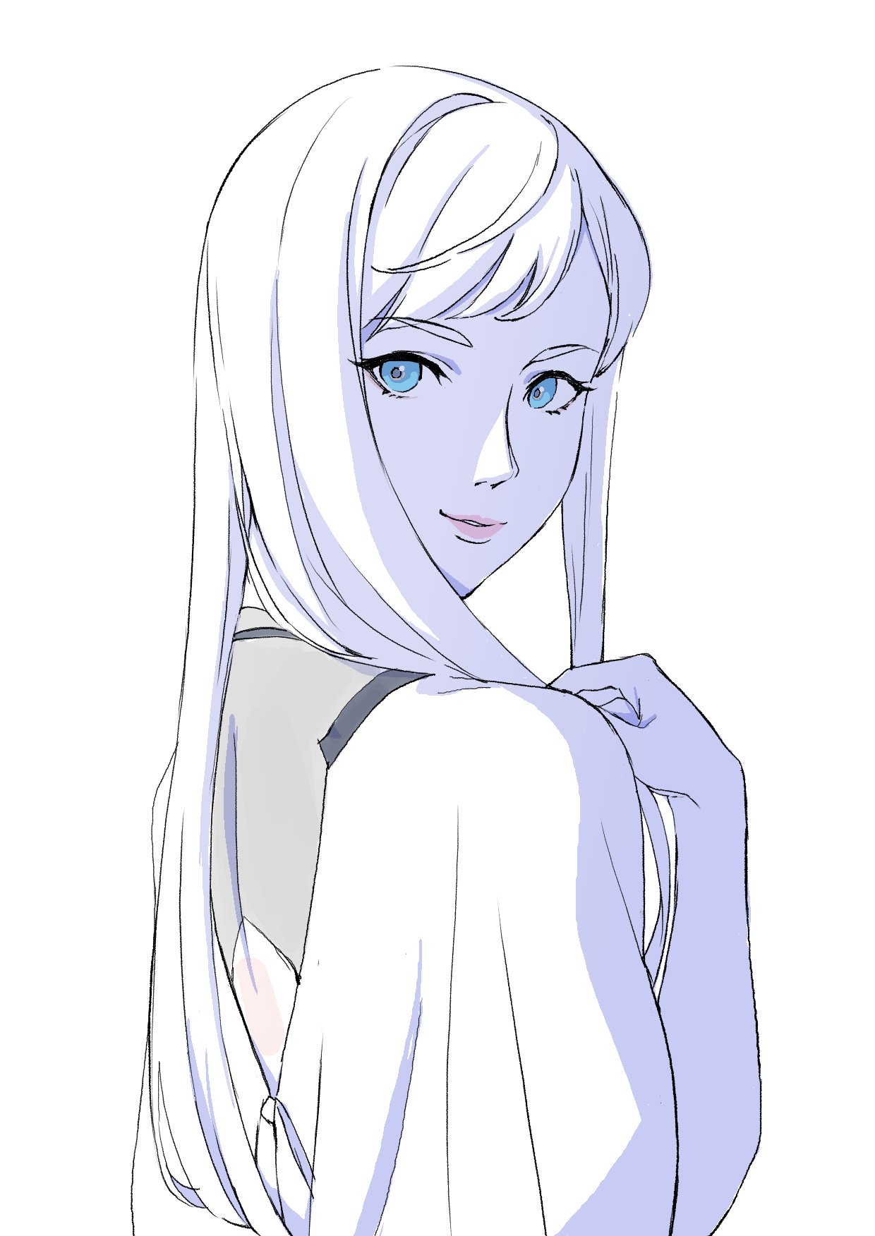 onshiyu, gigi andalusia, gundam, gundam hathaway's flash, highres, 1girl, blue eyes, closed mouth, lips, long hair, looking at viewer, monochrome, simple background, smile, solo, spot color, white background