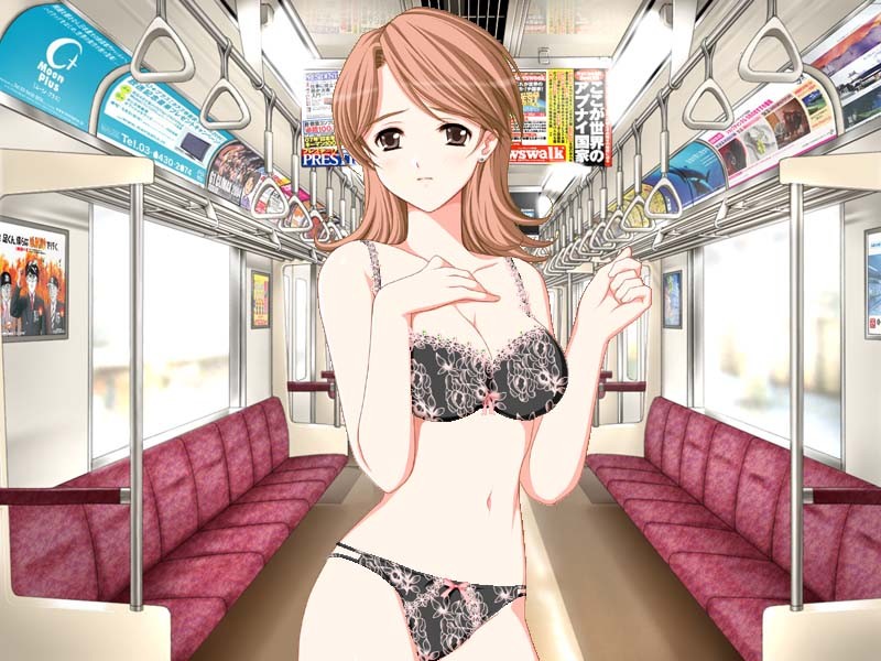 game cg, tagme, 1girl, bow, bra, female focus, lace, lace-trimmed bra, lace trim, lingerie, navel, panties, public indecency, solo, subway, train, train interior, underwear