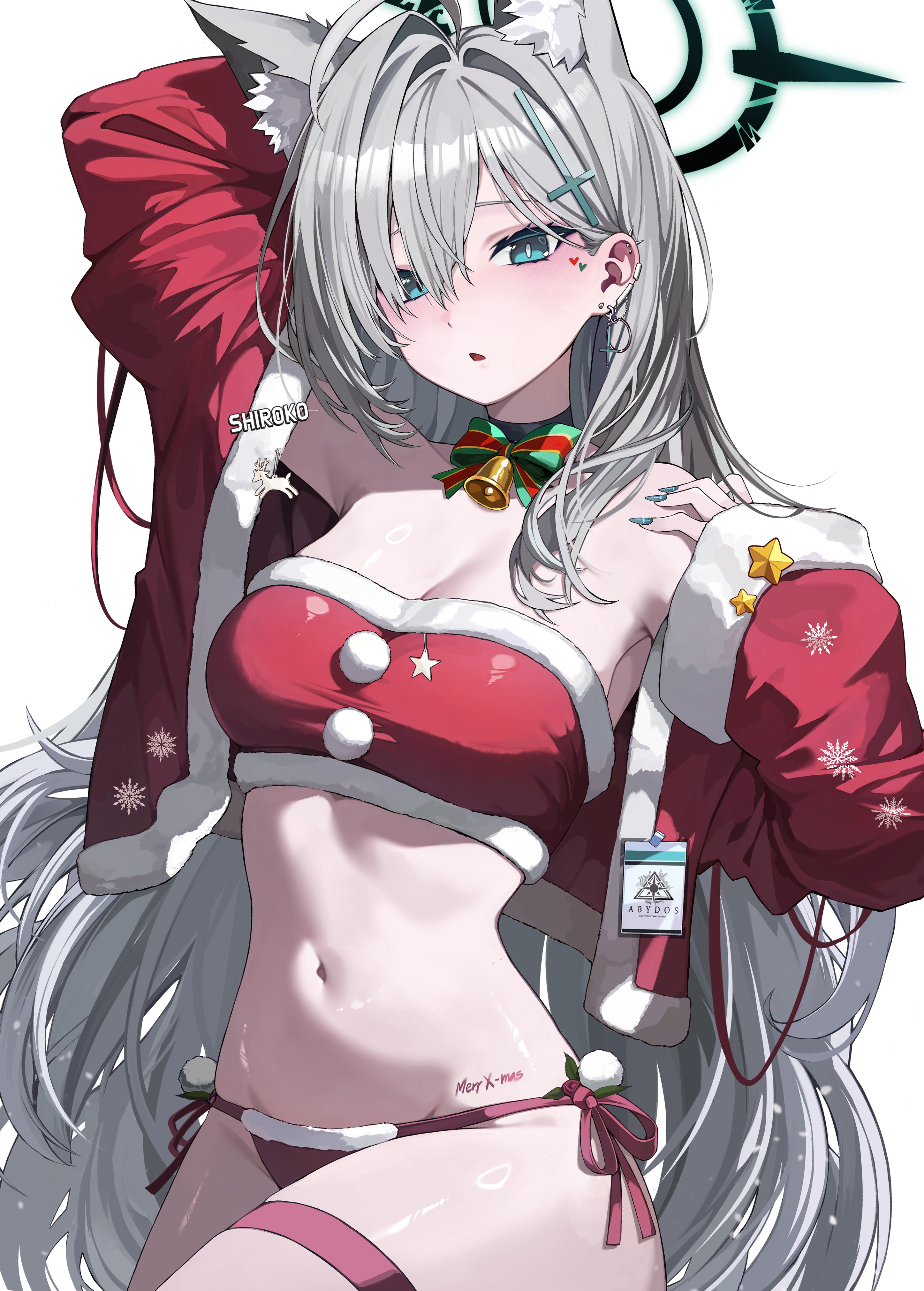 kkato, shiroko terror (blue archive), blue archive, absurdres, commentary, english commentary, highres, 1girl, alternate costume, animal ear fluff, animal ears, bell, bikini, blue eyes, blue nails, blush, breasts, broken halo, christmas, cross, cross hair ornament, dark halo, ear piercing, earrings, extra ears, facial mark, fingernails, fur-trimmed bikini, fur trim, grey hair, hair between eyes, hair ornament, halo, heart, heart facial mark, inverted cross, jacket, jewelry, jingle bell, long fingernails, long hair, long sleeves, looking at viewer, medium breasts, mismatched pupils, multiple earrings, navel, neck bell, neck ribbon, off shoulder, open clothes, open jacket, open mouth, piercing, red bikini, red jacket, red thighhighs, ribbon, santa bikini, santa costume, shiny skin, side-tie bikini bottom, simple background, solo, stomach, strapless, stud earrings, swimsuit, thighhighs, tube top, very long hair, white background, wolf ears, wolf girl