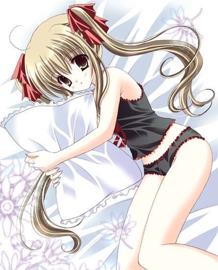 eyebrows, 1girl, bed, black panties, blonde hair, brown eyes, female focus, hug, hugging object, loli, panties, pillow, pillow hug, solo, twintails, underwear