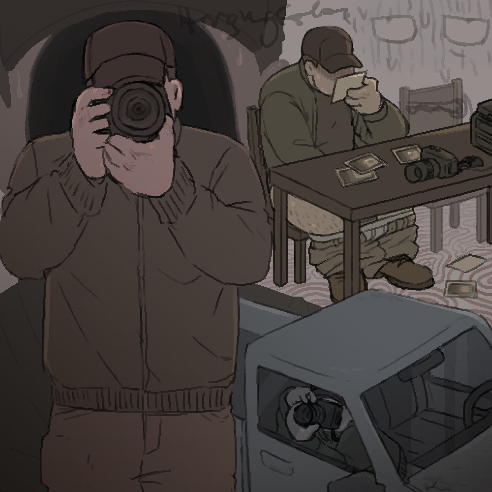 homunculus100, lee smith, clinical trial (game), 1boy, camera, faceless, faceless male, hairy legs, jacket, looking at object, male masturbation, masturbation, motor vehicle, nervous sweating, pants around ankles, polaroid camera, polaroid photo, sitting, stalking, sweat, taking picture, truck