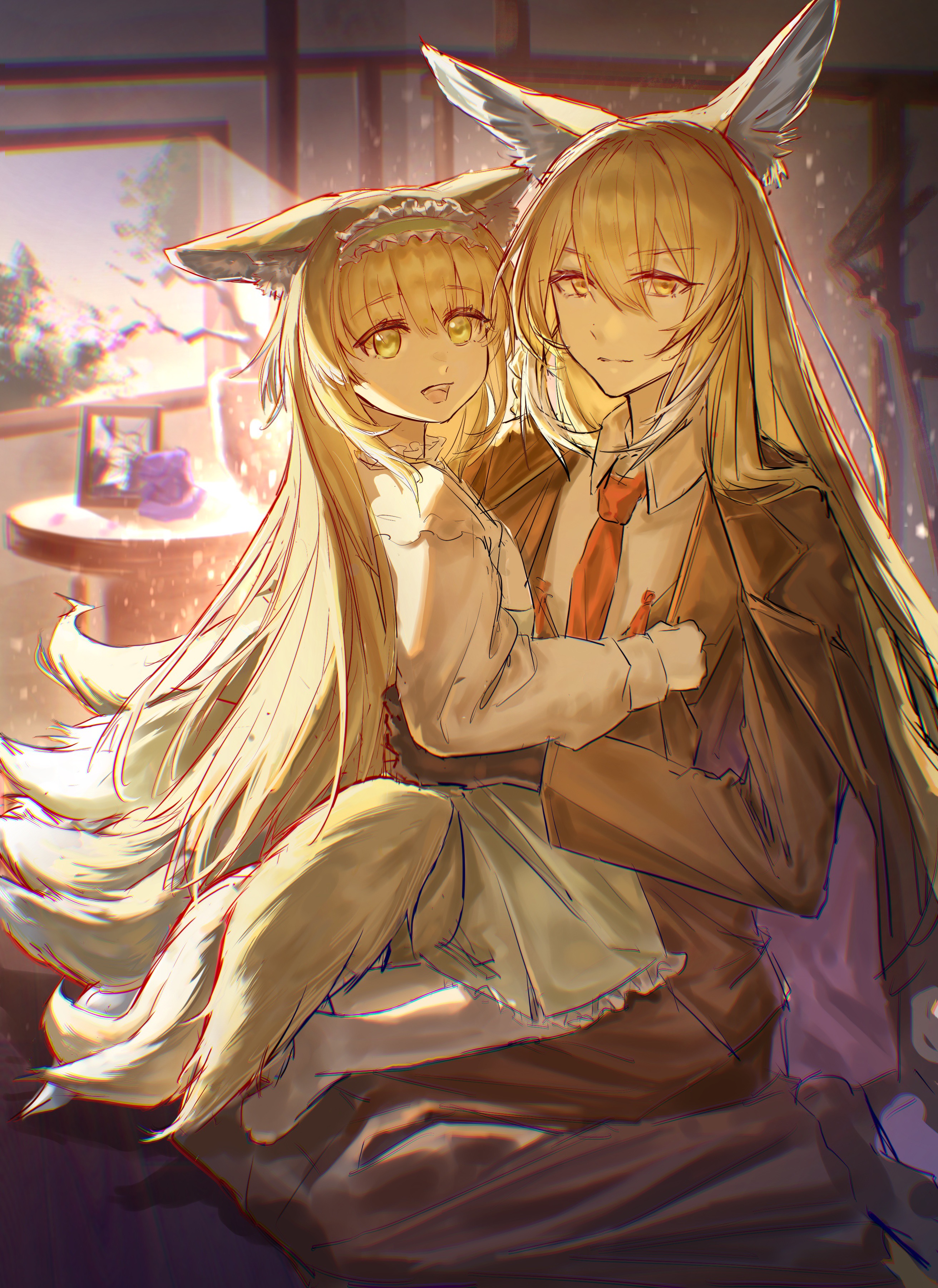 suzuran (arknights), suzuran (spring praise) (arknights), vulpisfoglia (arknights), arknights, absurdres, chinese commentary, commentary request, highres, 2girls, :d, animal ears, blonde hair, brown jacket, closed mouth, collared shirt, florenlice, frilled hairband, frills, green eyes, green hairband, hair between eyes, hairband, jacket, light particles, light smile, long hair, long sleeves, looking at viewer, mother and daughter, multicolored hair, multiple girls, multiple tails, necktie, official alternate costume, open mouth, pantyhose, red necktie, shirt, sitting, smile, streaked hair, tail, white hair, white pantyhose, white shirt, white tail, yellow eyes, yellow tail