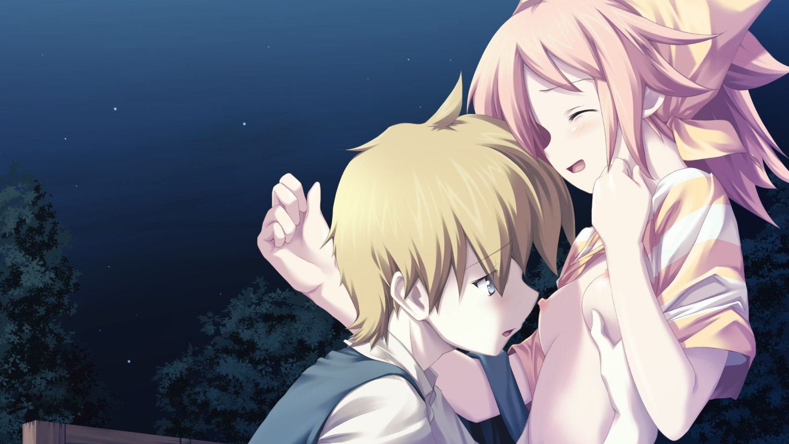game cg, highres, tagme, 1boy, 1girl, blonde hair, blue eyes, breasts, pink hair, small breasts