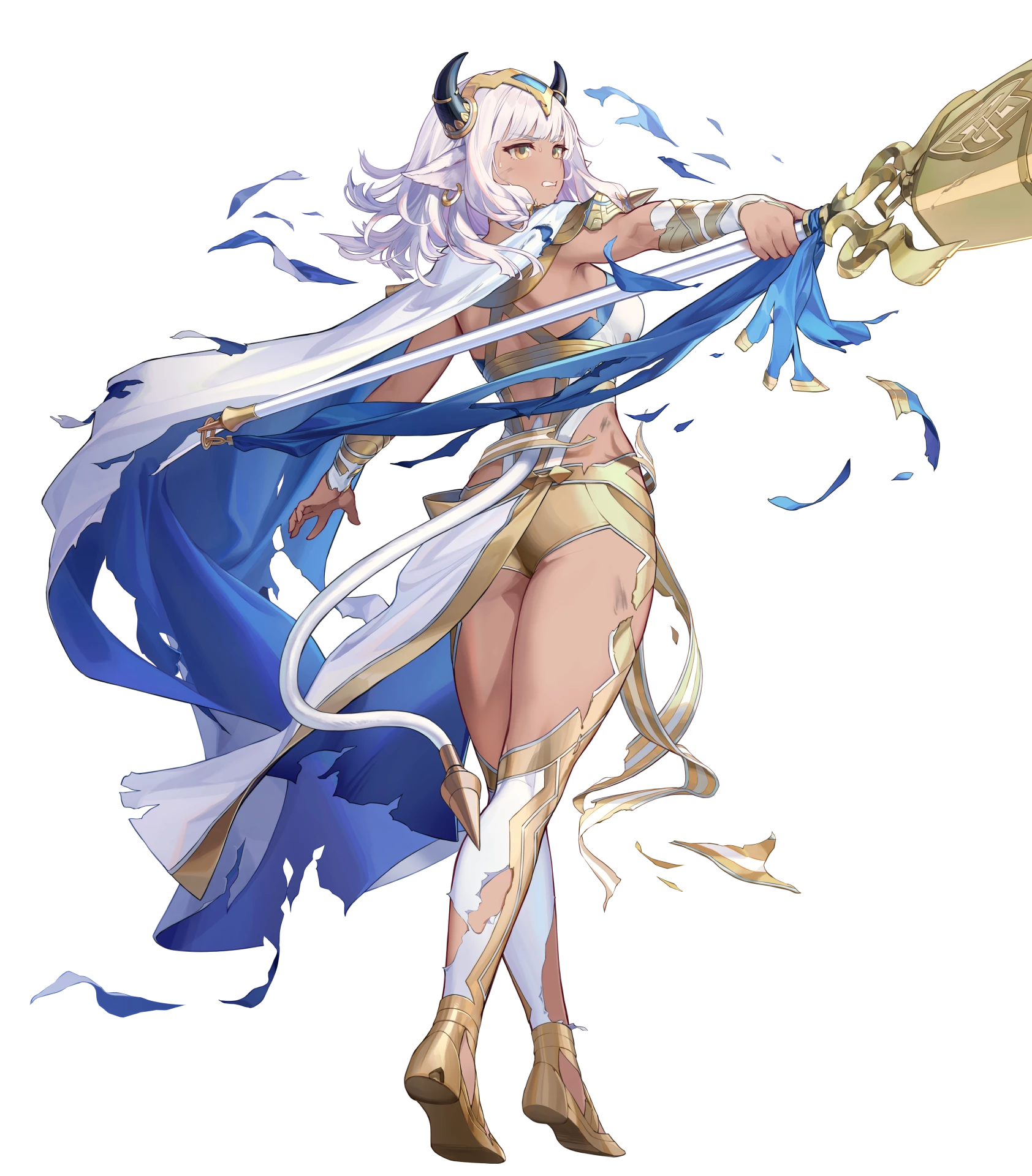 ash (fire emblem), fire emblem, fire emblem heroes, nintendo, highres, non-web source, official art, 1girl, animal ears, ass, blue cape, breasts, cape, capelet, clenched teeth, cow ears, cow girl, cow horns, cow tail, damaged, dark-skinned female, dark skin, gold trim, holding, holding staff, horns, large breasts, official alternate costume, solo, staff, tail, teeth, torn clothes, two-sided cape, two-sided fabric, white capelet, white hair, yellow eyes