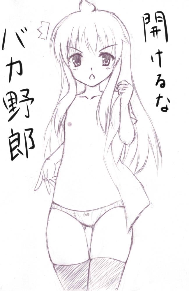 minami chiaki, minami-ke, artist request, 1girl, angry, blush, bow, bow panties, collarbone, flat chest, loli, long hair, looking at viewer, monochrome, open mouth, panties, standing, surprised, thighhighs, topless female, underwear