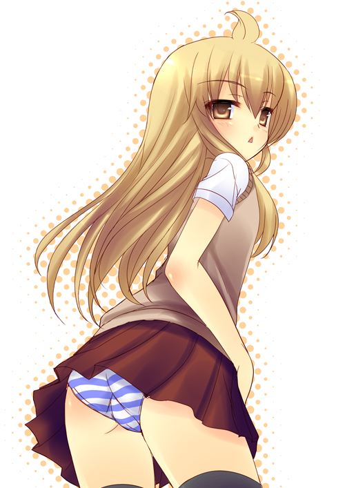 yukizuki chikuba, minami chiaki, minami-ke, 1girl, ass, black thighhighs, blush, brown eyes, brown hair, brown skirt, brown sweater vest, female focus, flat chest, from behind, loli, long hair, looking at viewer, looking back, open mouth, panties, school uniform, serafuku, shirt, short sleeves, skirt, solo, striped clothes, striped panties, sweater vest, thighhighs, underwear, white background, white panties, white shirt