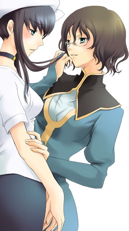 marina ismail, shirin bakhtiar, gundam, gundam 00, duplicate, 00s, 2girls, black hair, blue eyes, brown hair, choker, glasses, green eyes, multiple girls