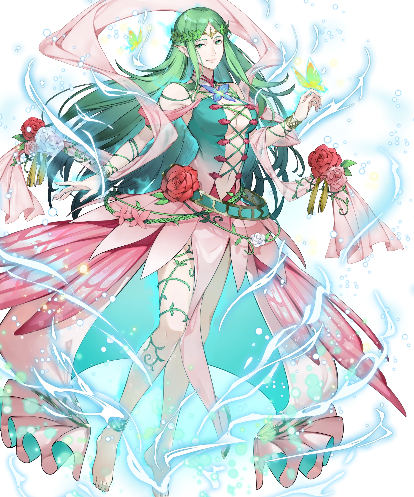 naga (fire emblem), naga (resplendent) (fire emblem), fire emblem, fire emblem awakening, fire emblem heroes, nintendo, highres, non-web source, official art, 1girl, bare shoulders, breasts, bug, butterfly, center opening, flower, flower skirt, green eyes, green hair, insect, long hair, looking at viewer, medium breasts, navel, parted bangs, pointy ears, red flower, red rose, rose, shawl, smile, solo, tachi-e, very long hair