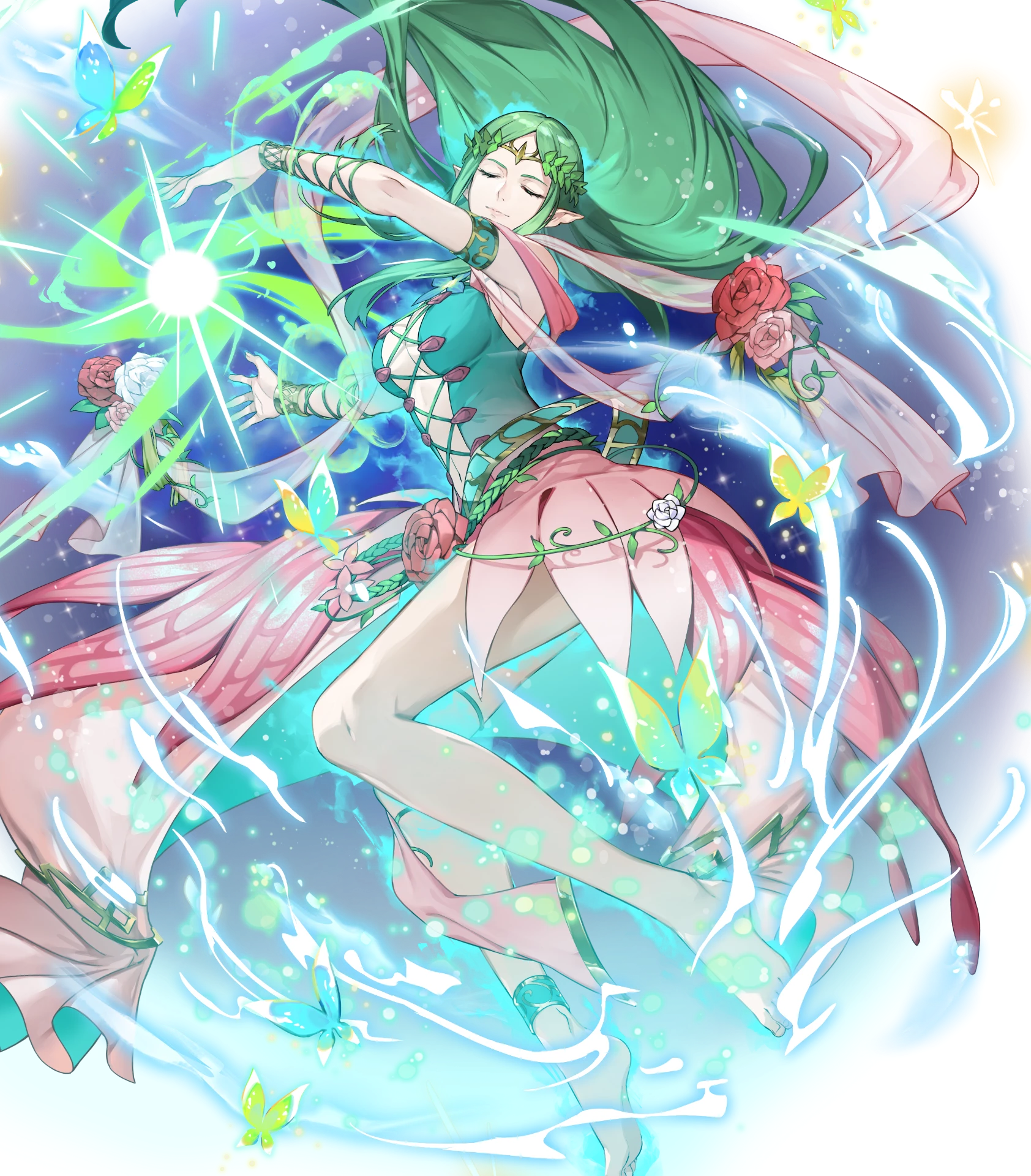 naga (fire emblem), naga (resplendent) (fire emblem), fire emblem, fire emblem awakening, fire emblem heroes, nintendo, highres, non-web source, official art, 1girl, bare shoulders, breasts, bug, butterfly, center opening, closed mouth, flower, flower skirt, green eyes, green hair, insect, light smile, long hair, medium breasts, navel, parted bangs, pointy ears, red flower, red rose, rose, shawl, solo, very long hair