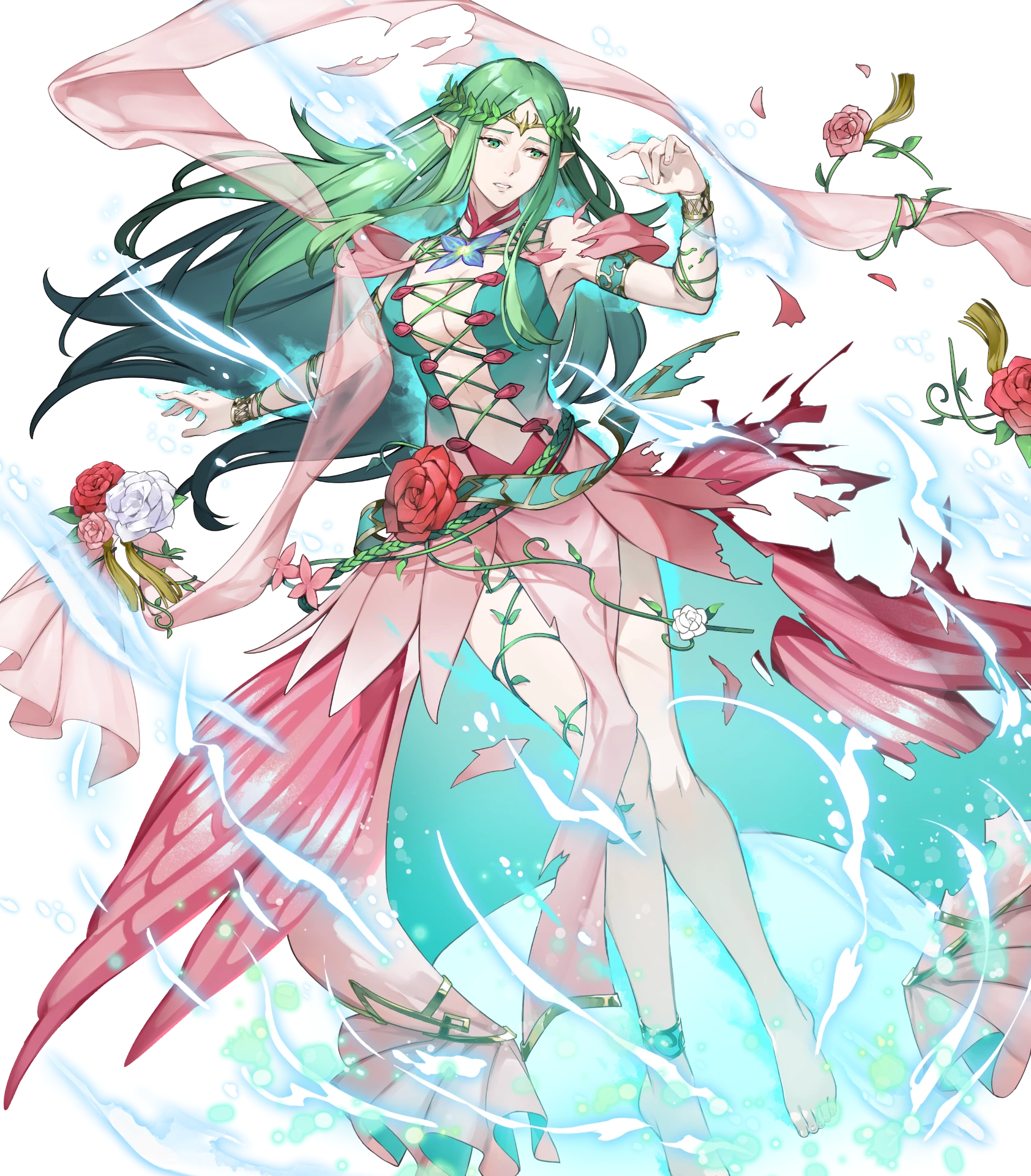 naga (fire emblem), naga (resplendent) (fire emblem), fire emblem, fire emblem awakening, fire emblem heroes, nintendo, highres, non-web source, official art, 1girl, bare shoulders, breasts, bug, butterfly, center opening, damaged, flower, flower skirt, green eyes, green hair, insect, long hair, medium breasts, navel, parted bangs, pointy ears, red flower, red rose, rose, shawl, solo, very long hair