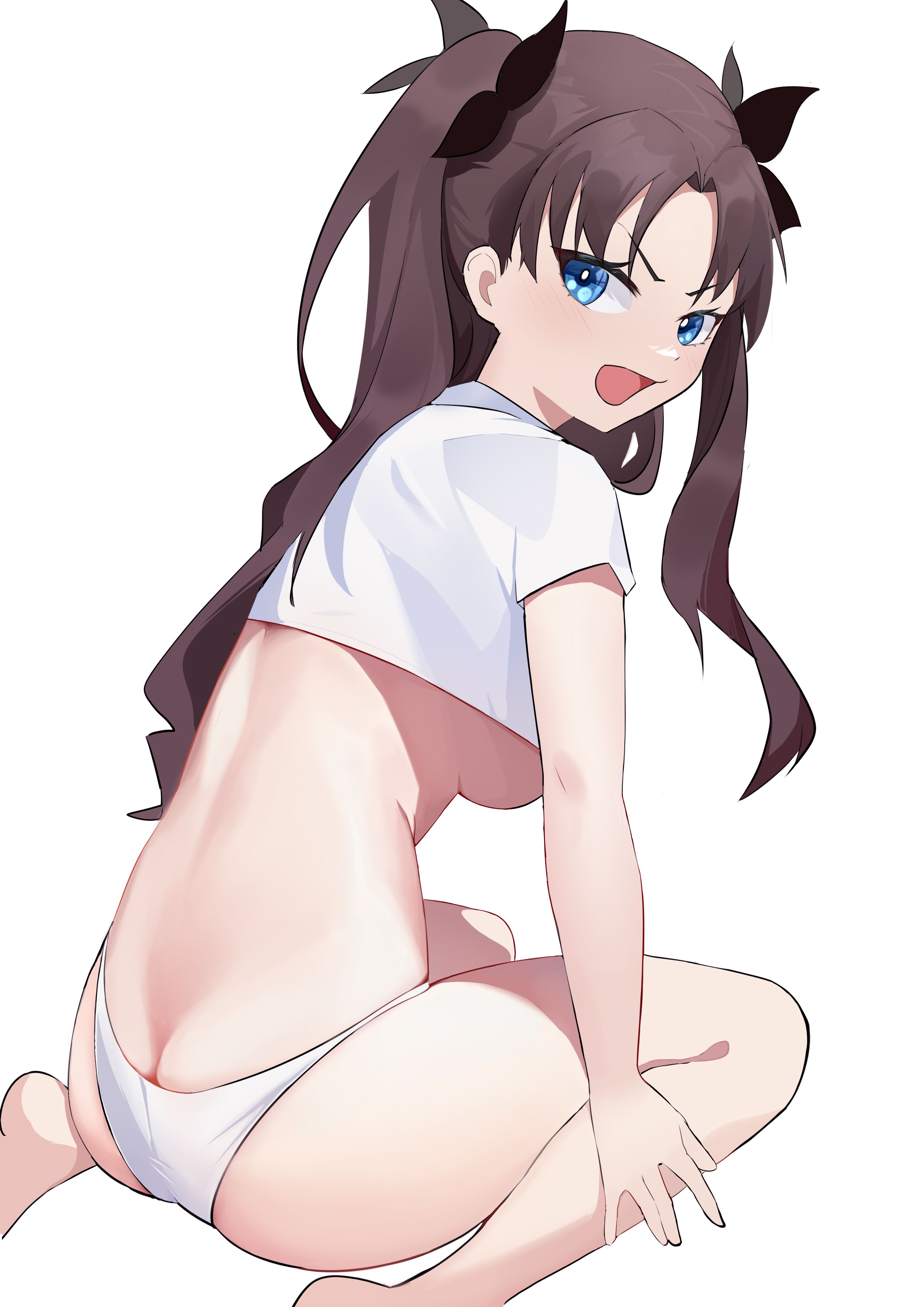 dowal, tohsaka rin, fate/stay night, fate (series), absurdres, highres, 1girl, ass, blue eyes, breasts, brown hair, butt crack, crop top, from behind, hair ribbon, long hair, looking at viewer, looking back, medium breasts, open mouth, panties, ribbon, shirt, simple background, sitting, solo, thighs, two side up, underwear, v-shaped eyebrows, very long hair, wariza, white background, white panties, white shirt