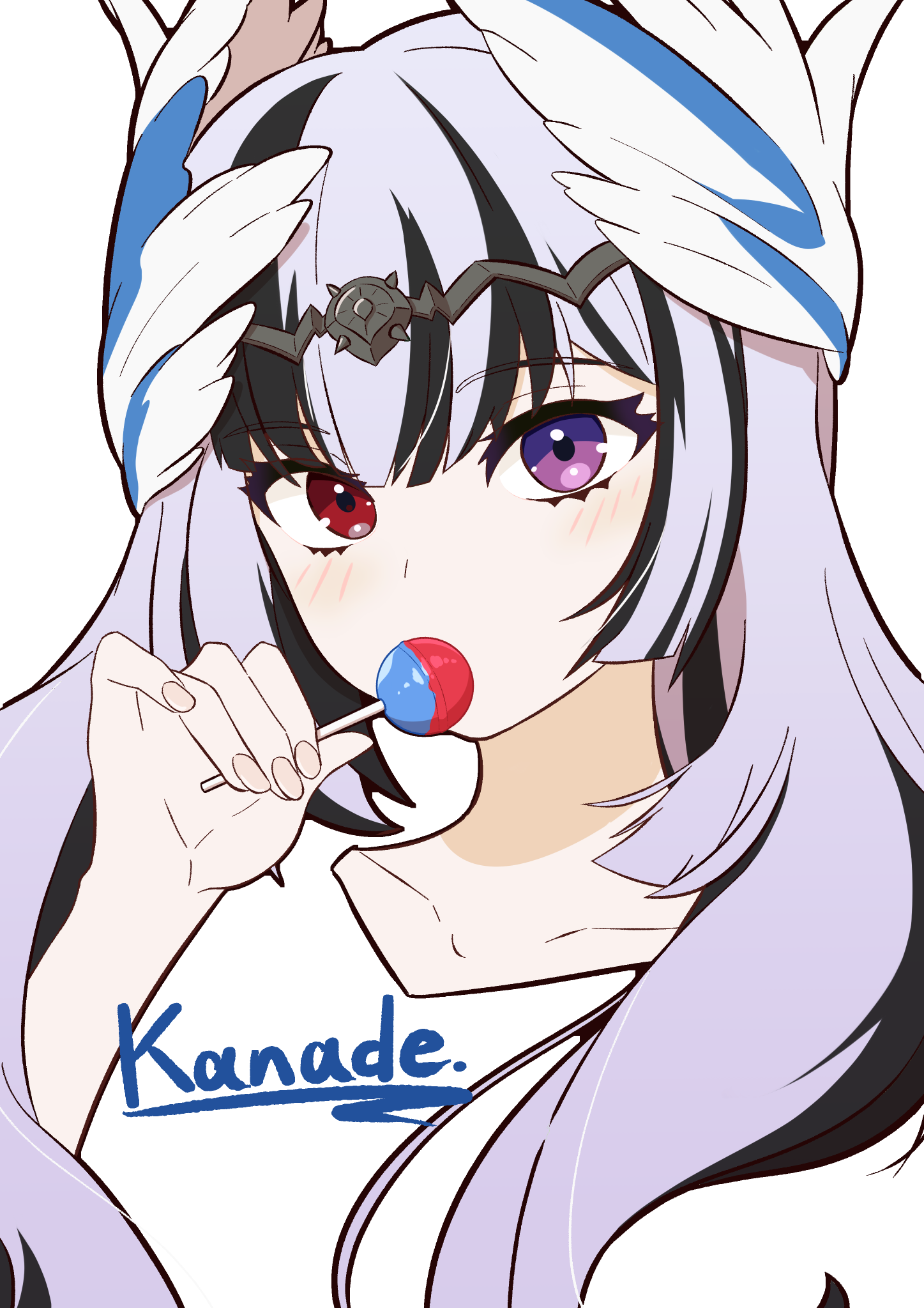 kanade20207, veyle (fire emblem), fire emblem, fire emblem engage, nintendo, highres, 1girl, alternate costume, candy, food, hair ornament, heterochromia, holding, holding candy, holding food, holding lollipop, lollipop, looking at viewer, multicolored hair, purple eyes, red eyes, shirt, split-color hair, two-tone hair, white shirt, wing hair ornament