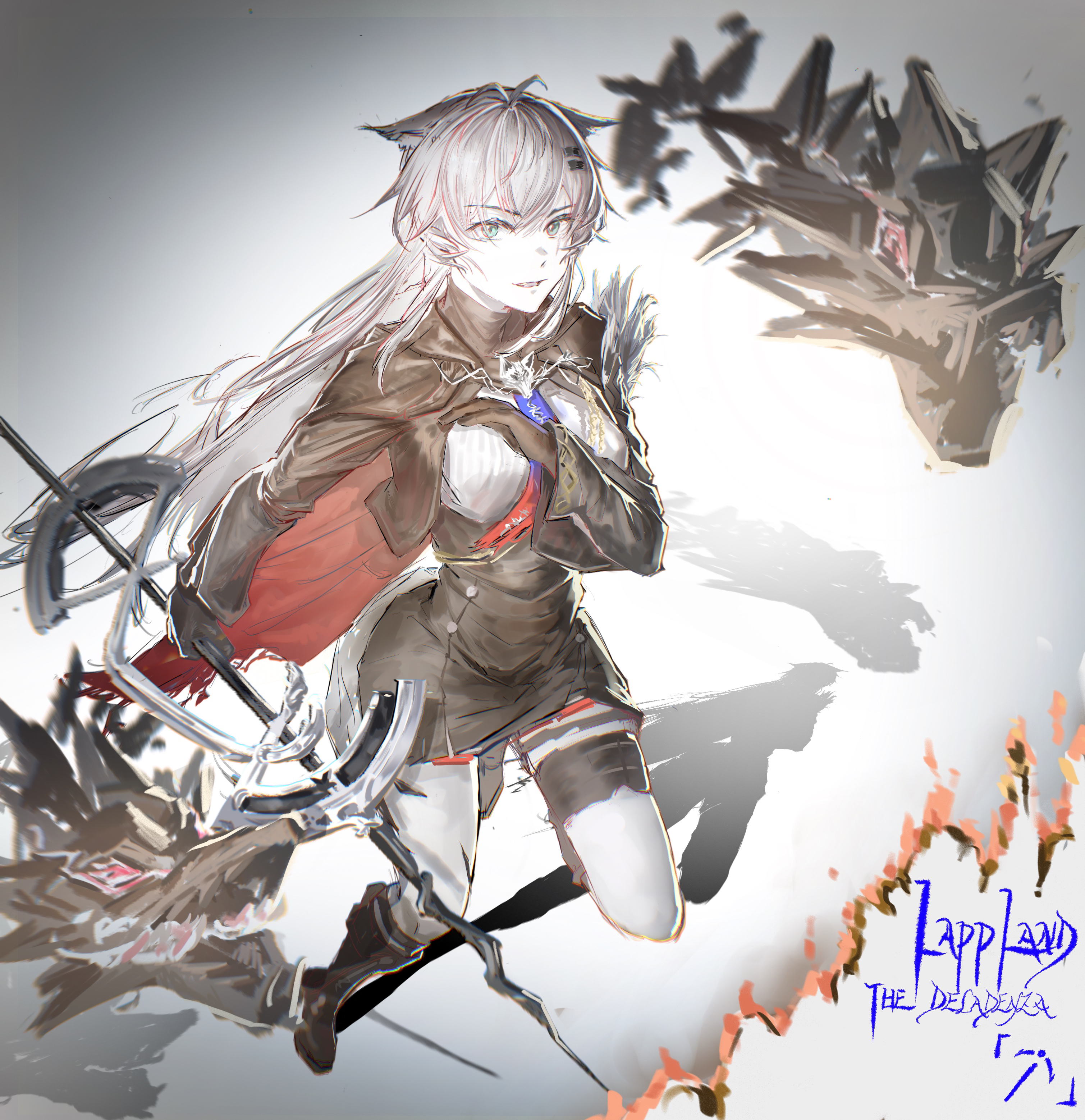 lappland (arknights), lappland the decadenza (arknights), arknights, absurdres, chinese commentary, commentary request, highres, 1girl, animal ears, aqua eyes, black boots, black gloves, black skirt, bolo tie, boots, burning, cape, character name, chromatic aberration, fire, florenlice, full body, gloves, hair between eyes, hair ornament, hairclip, high-waist skirt, holding, holding weapon, knee boots, long hair, long sleeves, looking at viewer, material growth, oripathy lesion (arknights), parted lips, red cape, scar, scar across eye, scar on face, shadow, skirt, solo, weapon, white hair, wolf ears, wolf girl
