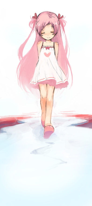 kurot, original, bad id, bad pixiv id, blush, child, closed eyes, dress, happy, ice, long hair, pink hair, pink theme, ribbon, shoes, skirt, smile, solo, sundress, walking