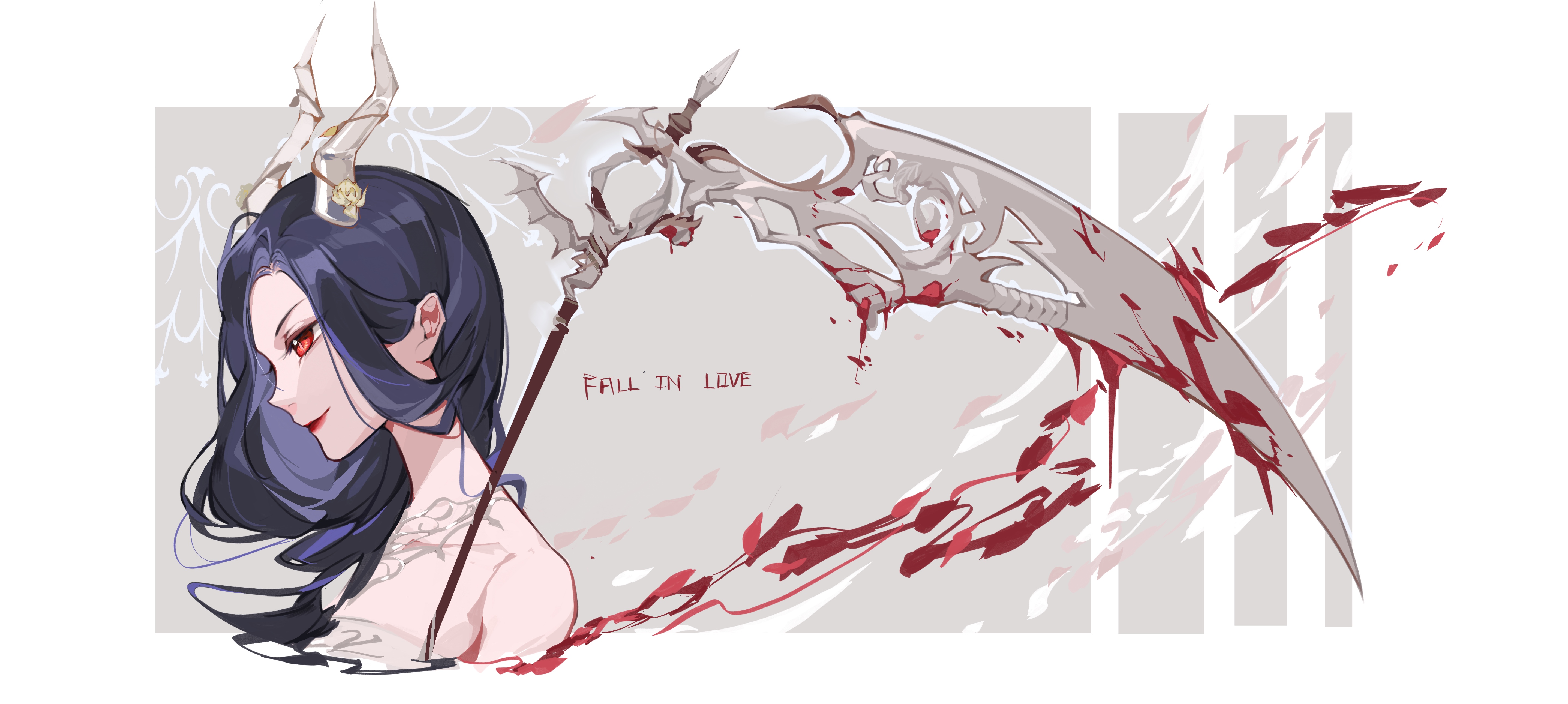 nikki (series), shining nikki, absurdres, commentary request, highres, 1girl, a ghost (dission), a gloomy start (shining nikki), bare shoulders, black hair, blood, blood on arm, border, cropped torso, demon girl, demon horns, dress, english text, eyelashes, flower, from side, grey background, hair over shoulder, holding, holding scythe, horn flower, horns, jewelry, lipstick, long hair, looking ahead, makeup, necklace, outside border, over shoulder, petals, red eyes, red lips, rose, rose petals, scythe, slit pupils, smirk, smug, solo, strapless, strapless dress, wavy hair, weapon, weapon over shoulder, white border, white dress, white horns, yellow flower, yellow rose