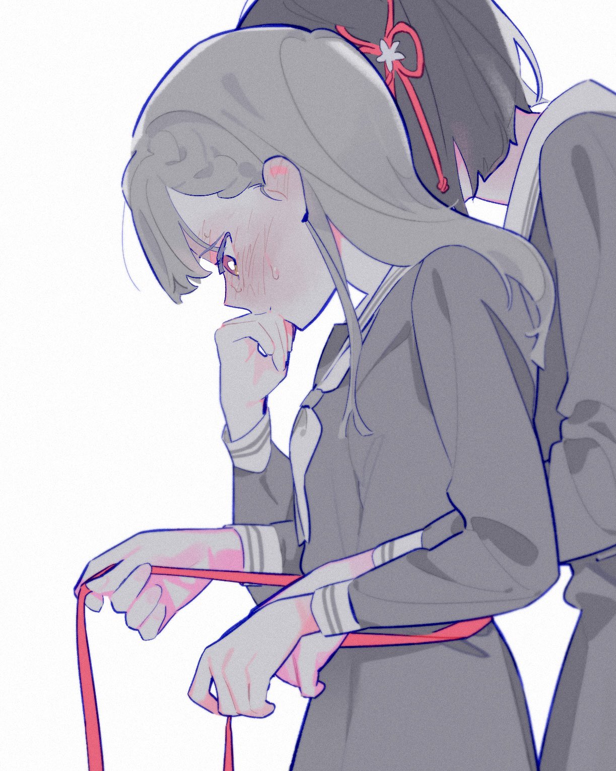 pipi (m1x mix), kachimachi kosuzu, momose ginko, link! like! love live!, love live!, commentary request, highres, 2girls, blush, dress, ear blush, greyscale, hasu no sora school uniform, hug, hug from behind, long hair, long sleeves, monochrome, multiple girls, neckerchief, pink eyes, pink ribbon, ribbon, sailor dress, school uniform, short hair, spot color, sweat, yuri