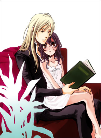 anise tatlin, jade curtiss, tales of (series), tales of the abyss, lowres, 00s, 1boy, 1girl, blonde hair, blush, brown hair, flat chest, long hair, simple background, sitting, sitting on lap, sitting on person, white background