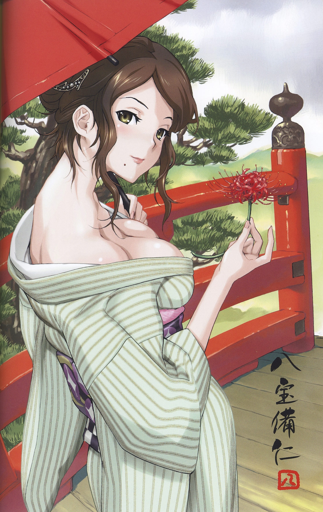 happoubi jin, highres, blush, breasts, flower, japanese clothes, kimono, long hair, open clothes, open shirt, shirt