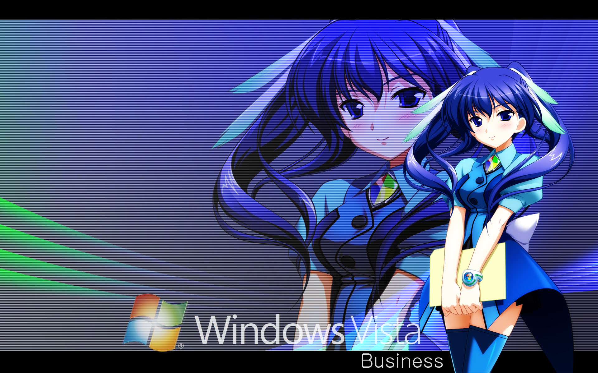 vista-tan, vista business-tan, os-tan, highres, non-web source, tagme, 1girl, blue eyes, blue hair, blue thighhighs, blush, bracelet, cowboy shot, facing viewer, female focus, folder, jewelry, letterboxed, light smile, long hair, puffy short sleeves, puffy sleeves, short sleeves, skirt, solo, standing, thighhighs, twintails, windows logo, windows vista business, zoom layer