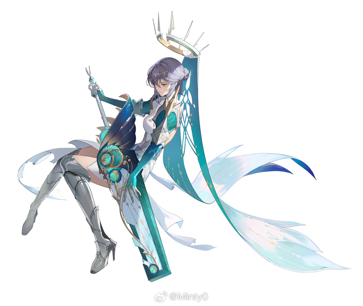 minty0, higan: eruthyll, chinese commentary, official art, 1girl, aqua eyes, aqua gloves, aqua veil, armor, armored boots, backless dress, backless outfit, boots, breasts, ceaser, closed mouth, couter, double-parted bangs, dress, elbow gloves, from side, frown, full body, gauntlets, gloves, greatsword, grey hair, hair bun, halo, halo crown, head chain, high heel boots, high heels, holding, holding sword, holding weapon, invisible chair, jewelry, knees together feet apart, looking down, medium breasts, medium dress, shoulder armor, sidelocks, simple background, single hair bun, sitting, spiked halo, sword, thigh boots, veil, watermark, weapon, weibo watermark, white background, white dress, white halo
