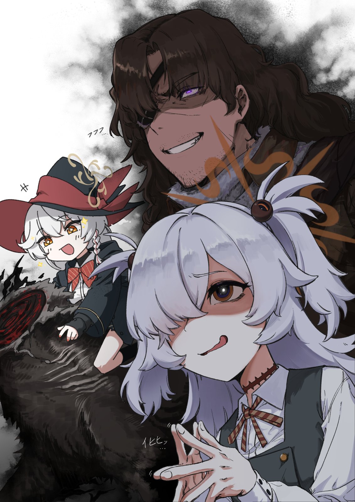 eri (blue archive), kanoe (blue archive), blue archive, limbus company, project moon, character request, highres, 1boy, :q, blush, bow, bowtie, braid, breasts, brown eyes, brown hair, daresuki 05, dress, eyepatch, grey hair, grin, hair ornament, hair over one eye, halo, hat, large breasts, licking lips, long hair, long sleeves, open mouth, own hands together, pinafore dress, scar, scar on face, shirt, skirt, sleeveless, sleeveless dress, smile, steepled fingers, tongue, tongue out, two side up, very long hair, white shirt, witch hat