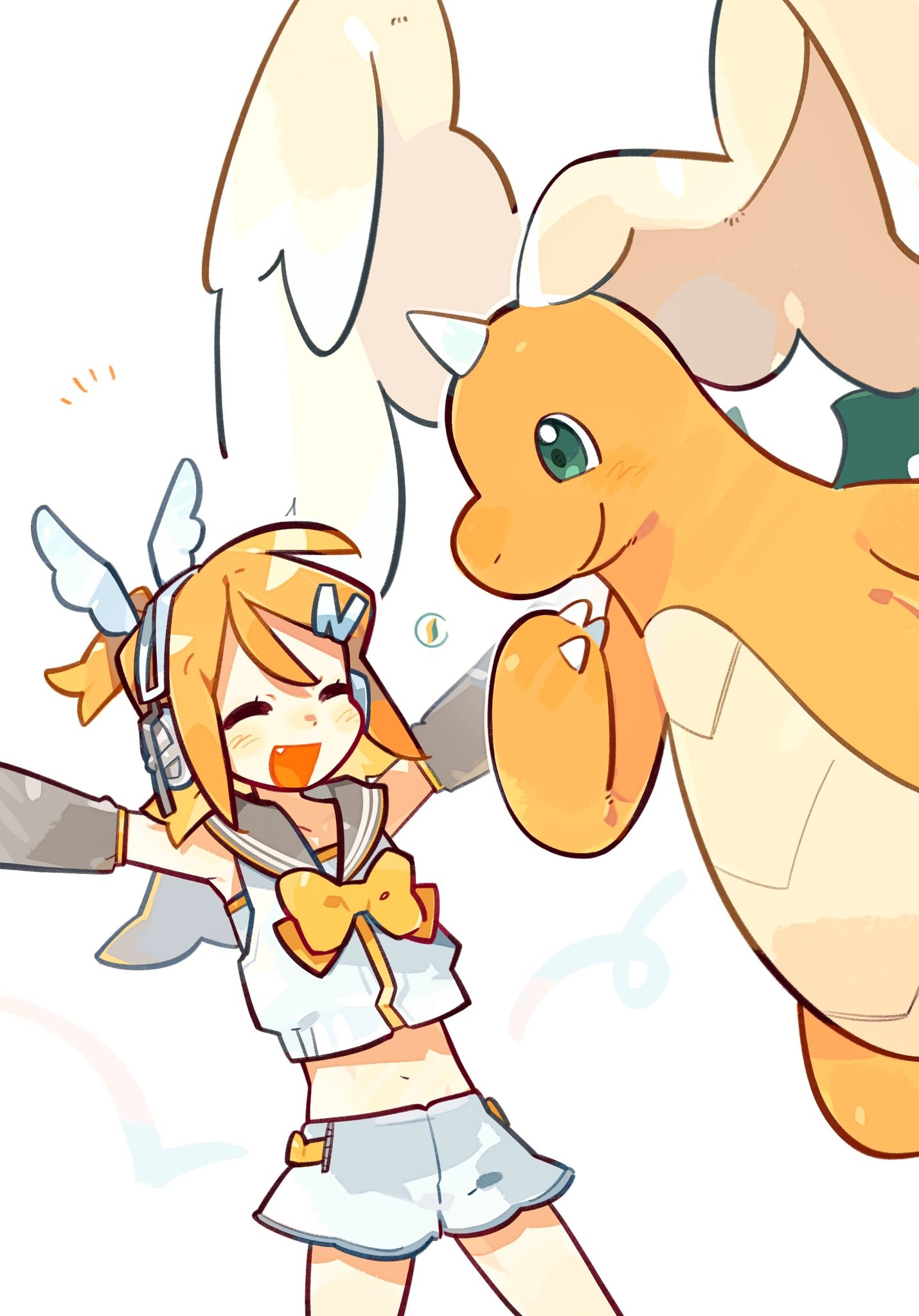 momo19715684, dragonite, kagamine rin, mega dragonite, nintendo, piapro studio, pokemon, vocaloid, highres, 1girl, ^ ^, bare shoulders, blonde hair, blush, bow, bowtie, closed eyes, crossover, detached sleeves, dragon, gen 1 pokemon, grey sailor collar, grey shorts, grey sleeves, hair bow, hair ornament, hairclip, happy, headphones, kagamine rin (nt), mega pokemon, midriff, navel, open mouth, outstretched arms, pokemon (creature), sailor collar, shirt, short hair, short shorts, shorts, simple background, sleeveless, sleeveless shirt, smile, swept bangs, white background, white bow, white shirt, white shorts, wings
