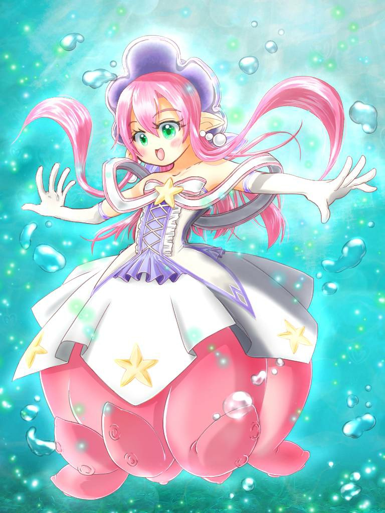 emil chronicle online, 1girl, air bubble, bare shoulders, breasts, bubble, earrings, ecogorro560, elbow gloves, gloves, green eyes, hat, jewelry, long hair, long sidelocks, monster girl, off-shoulder shirt, off shoulder, open mouth, pearl earrings, pink hair, purple hat, scylla, shirt, shugoma fumitsuki, sidelocks, skirt, small breasts, solo, star (symbol), underwater, white gloves, white skirt