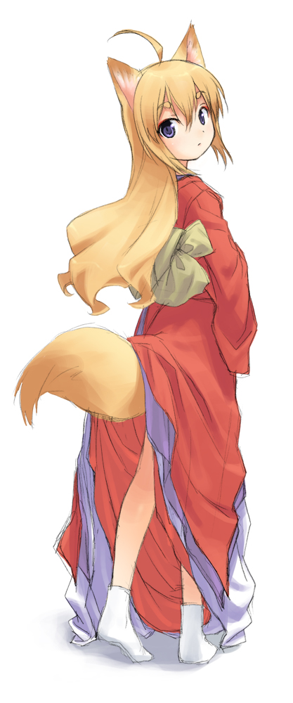 ahoge, animal ears, bow, fox ears, fox tail, long hair, tail