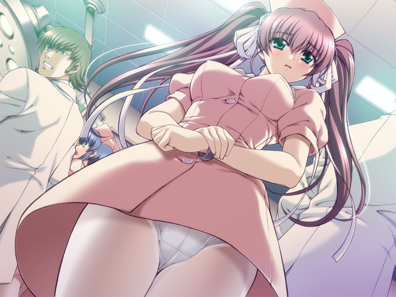 morita kazuaki, yagami yuu, yakin byoutou, yakin byoutou san, game cg, 00s, 1girl, blush, breasts, crotch seam, female focus, green eyes, long hair, nurse, panties, panties under pantyhose, pantyhose, pantyshot, pink hair, skirt, solo, twintails, underwear, upskirt, white panties, white pantyhose