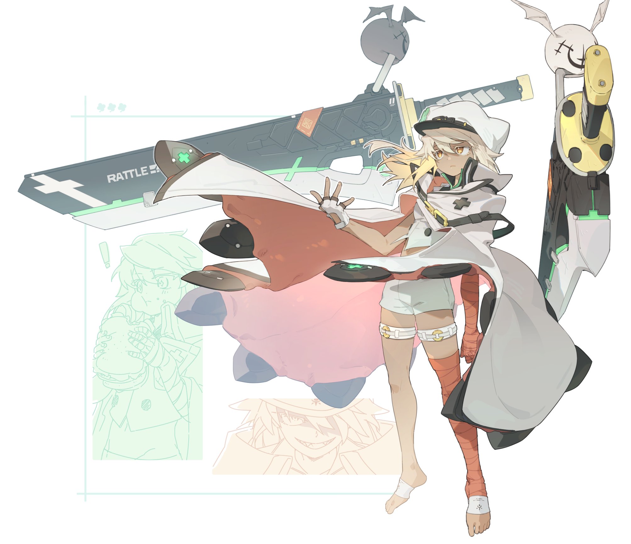 hannim 7h, lucifero (guilty gear), ramlethal valentine, guilty gear, guilty gear strive, highres, !, 1girl, :d, :t, animal ear headwear, animal ears, arm up, asymmetrical gloves, asymmetrical legwear, bandaged arm, bandaged leg, bandages, blonde hair, breasts, burger, cape, closed mouth, clover, colored eyelashes, crop top, dark-skinned female, dark skin, eating, facing to the side, fake animal ears, feet, fingerless gloves, floating, floating object, floating sword, floating weapon, food, four-leaf clover, full body, gloves, hair over one eye, hat, hat ornament, holding, holding food, huge weapon, long hair, looking at object, looking at viewer, looking to the side, midriff, mouth hold, no shoes, one eye covered, open mouth, orange eyes, red bandage, sharp teeth, shorts, single glove, sleeveless, small breasts, smile, solo, solo focus, sword, teeth, thigh strap, toes, vest, weapon, white background, white cape, white hair, white shorts, white vest