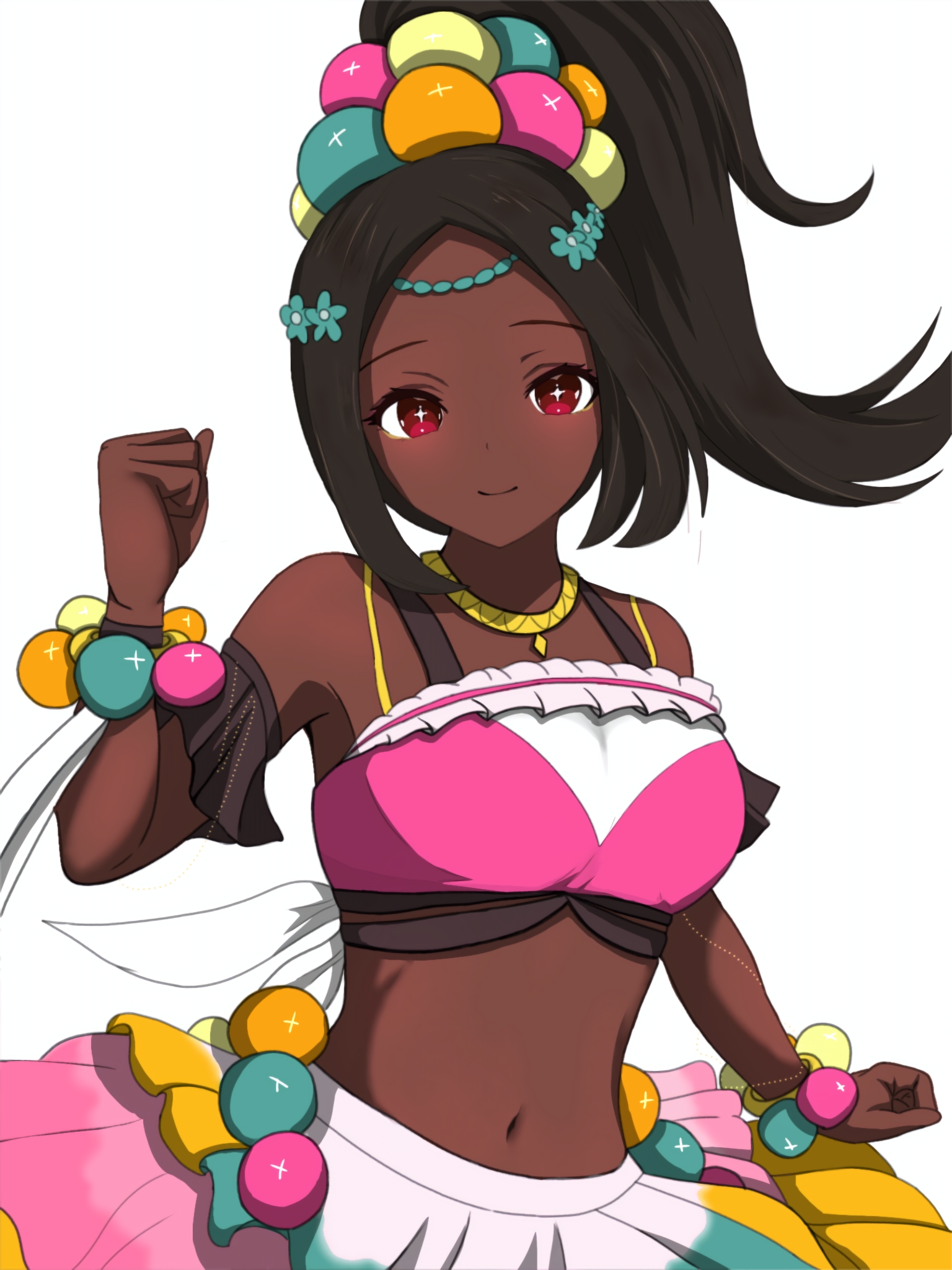 matchanosuke fe, timerra (fire emblem), fire emblem, fire emblem engage, nintendo, highres, 1girl, bare shoulders, crop top, dark-skinned female, dark skin, eyeliner, long hair, looking at viewer, makeup, pearl hair ornament, pink eyeliner, solo, star-shaped pupils, star (symbol), symbol-shaped pupils, very dark skin