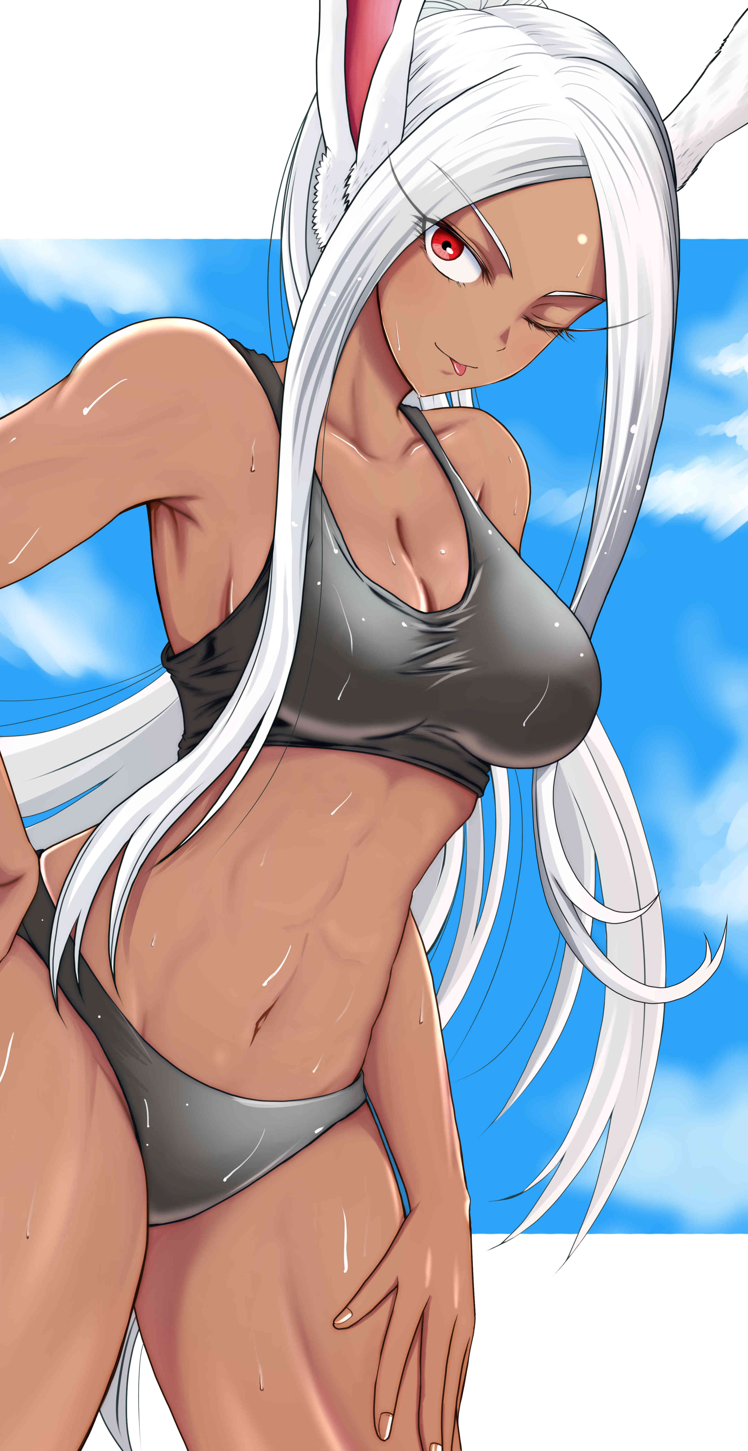 kumanosigenium1, mirko, boku no hero academia, absurdres, highres, 1girl, ;p, abs, animal ears, bare arms, bare shoulders, black panties, black sports bra, breasts, cleavage, collarbone, dark-skinned female, dark skin, fingernails, hand on own hip, hand on own thigh, large breasts, letterboxed, long eyelashes, long hair, looking at viewer, navel, one eye closed, panties, parted bangs, rabbit ears, rabbit girl, red eyes, smile, solo, sports bra, stomach, sweat, thighs, toned, toned female, tongue, tongue out, underwear, very long hair, white hair