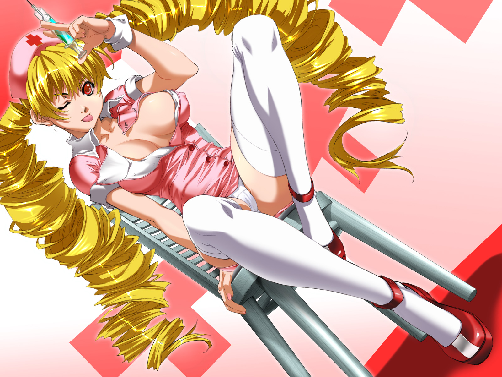 rin kyoutarou, shinmeiji rinn, oshioki sweetie, highres, 1girl, arm support, blonde hair, blush, breasts, cleavage, drill hair, female focus, hat, huge breasts, long hair, long legs, nurse, nurse cap, one eye closed, open clothes, open shirt, panties, pantyshot, red eyes, shirt, sitting, skirt, solo, syringe, thighhighs, tongue, twintails, underwear, upskirt, very long hair, white panties, white thighhighs, wink
