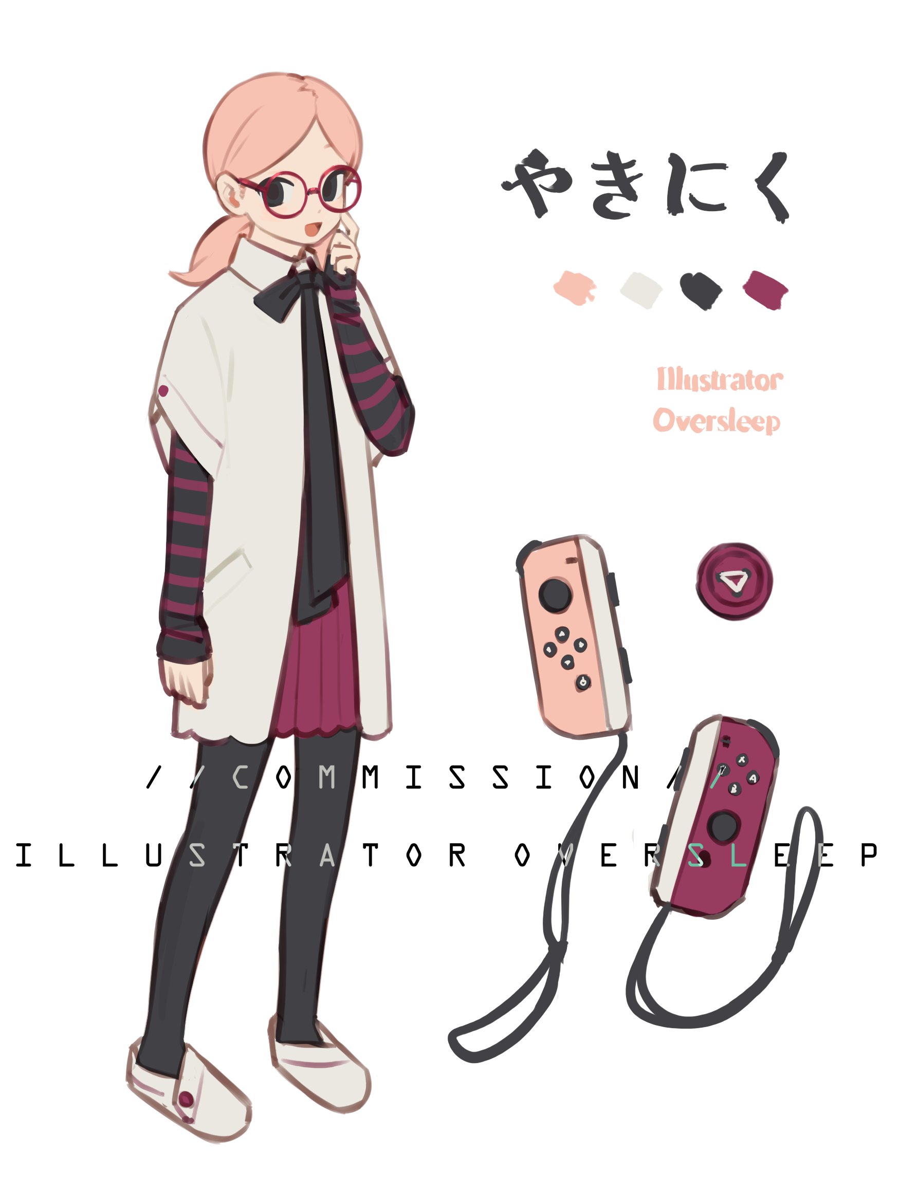 oversleep, original, commentary, english commentary, highres, translated, 1girl, black pantyhose, character name, color guide, controller, english text, full body, game controller, glasses, joy-con, long sleeves, pantyhose, pink hair, pleated skirt, round eyewear, simple background, skirt, solo, white background