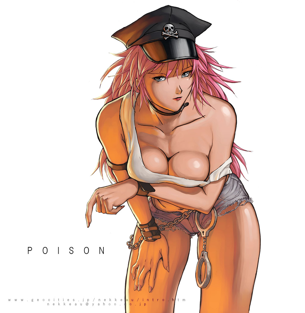 nekkeau, poison (final fight), capcom, final fight, street fighter, 1girl, blue shorts, breasts, cleavage, collar, cuffs, denim, denim shorts, female focus, handcuffs, hat, large breasts, long hair, midriff, peaked cap, pink hair, shorts, solo, tank top