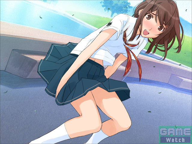 hoshino yuumi, kimi kiss, 1girl, blush, brown eyes, brown hair, female focus, midriff, necktie, outdoors, school uniform, serafuku, short hair, skirt, solo, wind, wind lift