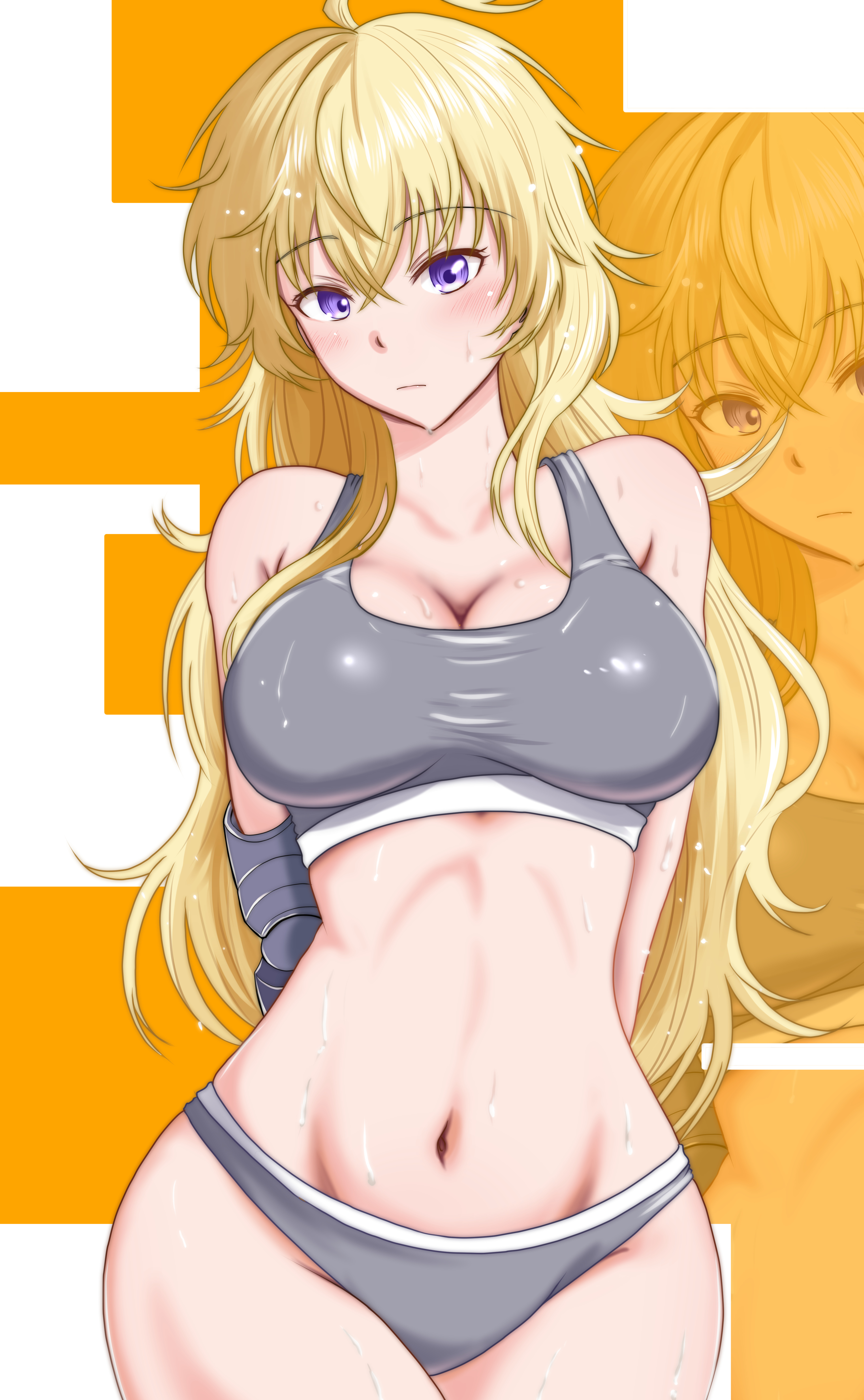 kumanosigenium1, yang xiao long, rwby, absurdres, highres, 1girl, ahoge, arms behind back, blonde hair, bra, breasts, cleavage, closed mouth, cowboy shot, grey bra, grey panties, large breasts, long hair, looking at viewer, navel, panties, prosthesis, prosthetic arm, purple eyes, solo, stomach, sweat, underwear, very long hair, wavy hair, zoom layer