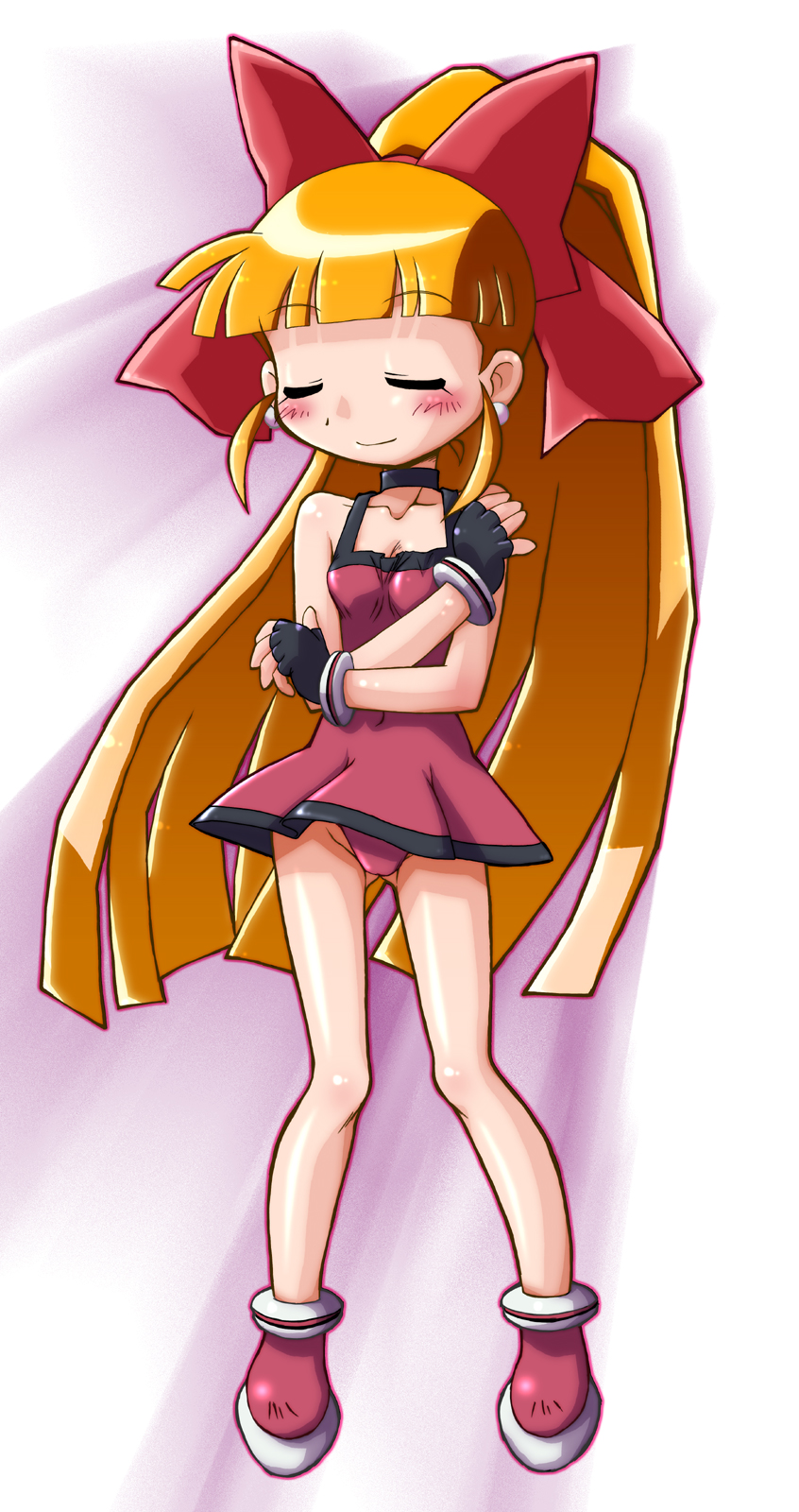 yoshi (crossmind), akazutsumi momoko, hyper blossom, cartoon network, powerpuff girls, powerpuff girls z, highres, 00s, blush, bow, dakimakura (medium), flat chest, long hair, panties, skirt, spandex, underwear