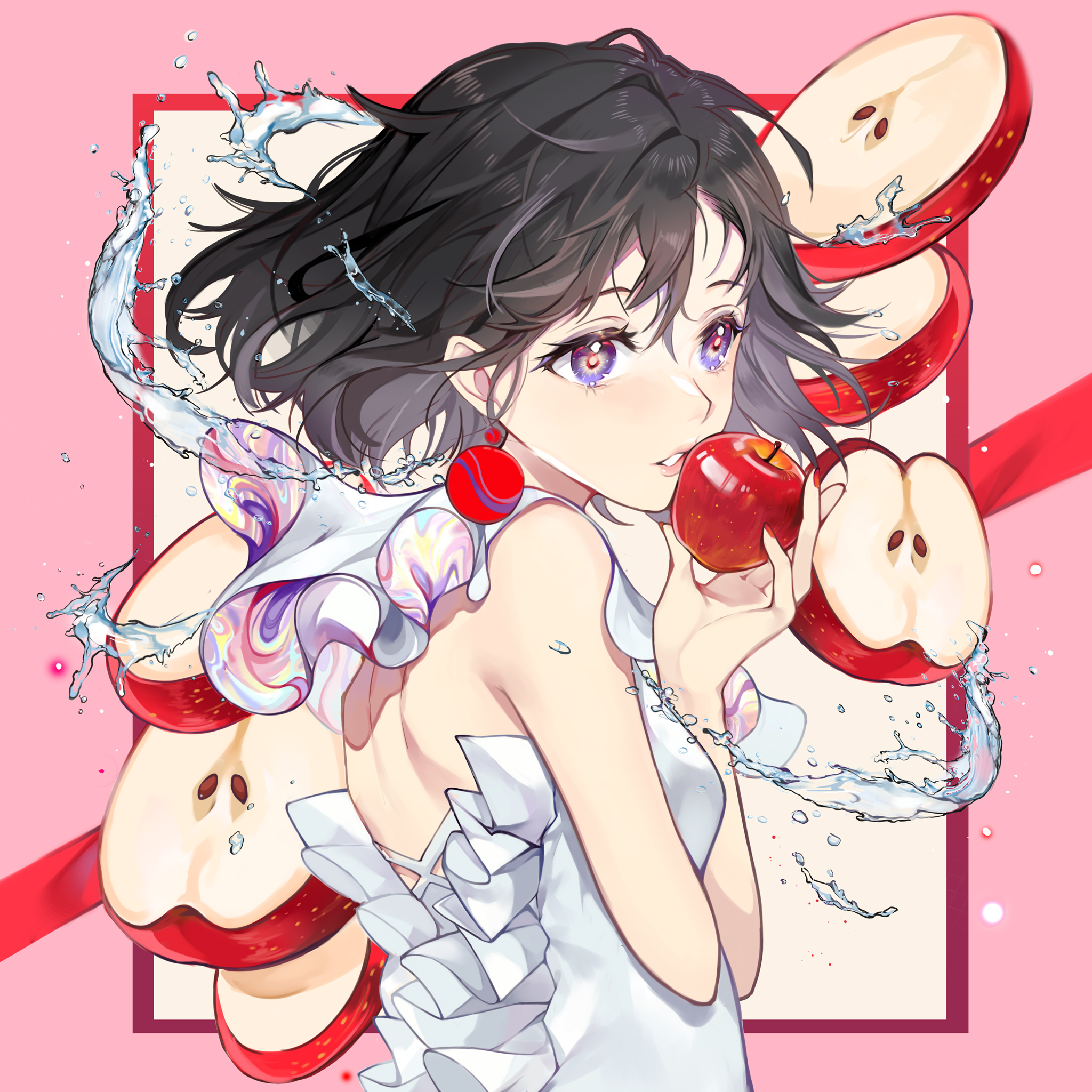 original, commentary request, commission, highres, 1girl, a ghost (dission), apple, apple slice, back cutout, bare arms, bare shoulders, black hair, border, bright pupils, clothing cutout, criss-cross back-straps, dress, earrings, eating, eyelashes, eyeshadow, floating hair, food, frilled dress, frills, from behind, fruit, hair between eyes, holding, holding food, holding fruit, jewelry, large earrings, light particles, lipstick, looking to the side, loose hair strand, makeup, outside border, parted lips, pink border, pink lips, purple eyes, purple eyeshadow, red ribbon, ribbon, short hair, shoulder blades, sleeveless, sleeveless dress, solo, sphere earrings, teeth, upper body, water, water drop, white background, white dress, yellow pupils