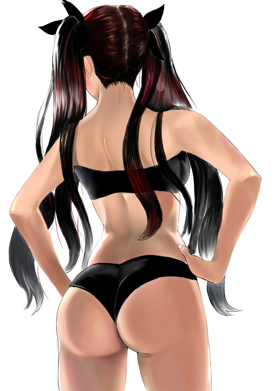 fujibori, tohsaka rin, fate/stay night, fate (series), commentary request, highres, 1girl, ass, ass focus, back, black bra, black hair, black panties, blush, bra, breasts, ear blush, facing away, from behind, hair ribbon, hands on own hips, long hair, long sidelocks, panties, ribbon, sidelocks, simple background, solo, twintails, underwear, underwear only, very long hair, white background