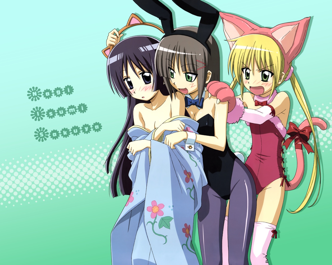 aizawa sakuya, saginomiya isumi, sanzen'in nagi, hayate no gotoku!, 00s, animal ears, blush, breasts, cat ears, cat tail, fake animal ears, flat chest, kittysuit, leotard, long hair, nontraditional playboy bunny, pantyhose, paw gloves, playboy bunny, rabbit ears, tail, thighhighs, twintails, undressing