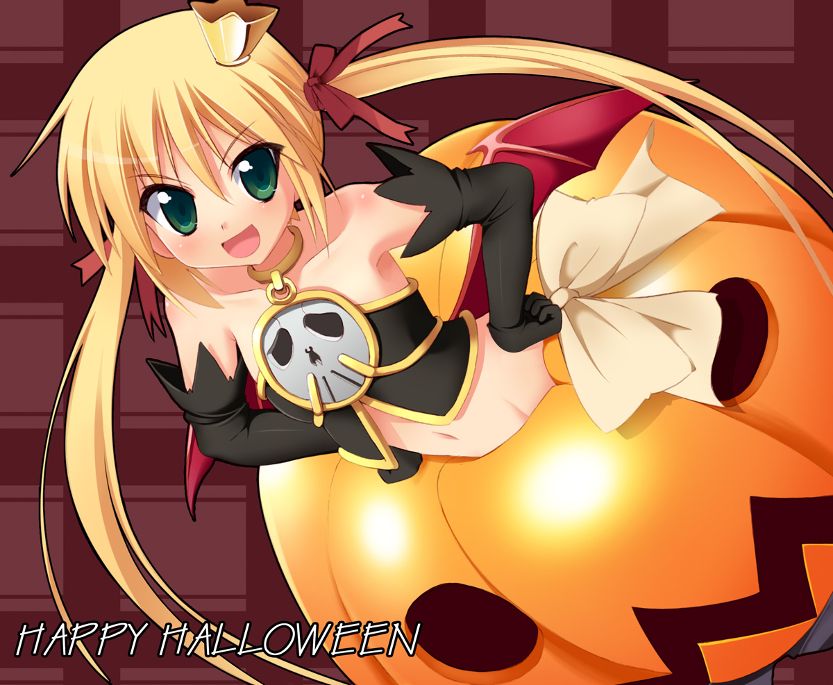 hoppege, melissa seraphy, sanzen'in nagi, hayate no gotoku!, waga mama capriccio, 1girl, black gloves, black shirt, blonde hair, blush, choker, collarbone, cosplay, crown, demon girl, elbow gloves, female focus, flat chest, gloves, green eyes, hair ribbon, halloween, happy halloween, jack-o'-lantern, long hair, looking at viewer, melissa seraphy (cosplay), midriff, navel, open mouth, pumpkin, pumpkin costume, ribbon, shirt, skull, smile, solo, strapless, tube top, twintails