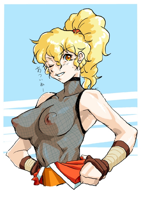 qkat (arikawa-dou), genryuusai maki, capcom, final fight, street fighter, blush, breasts, covered erect nipples, large breasts, long hair, ninja, see-through clothes
