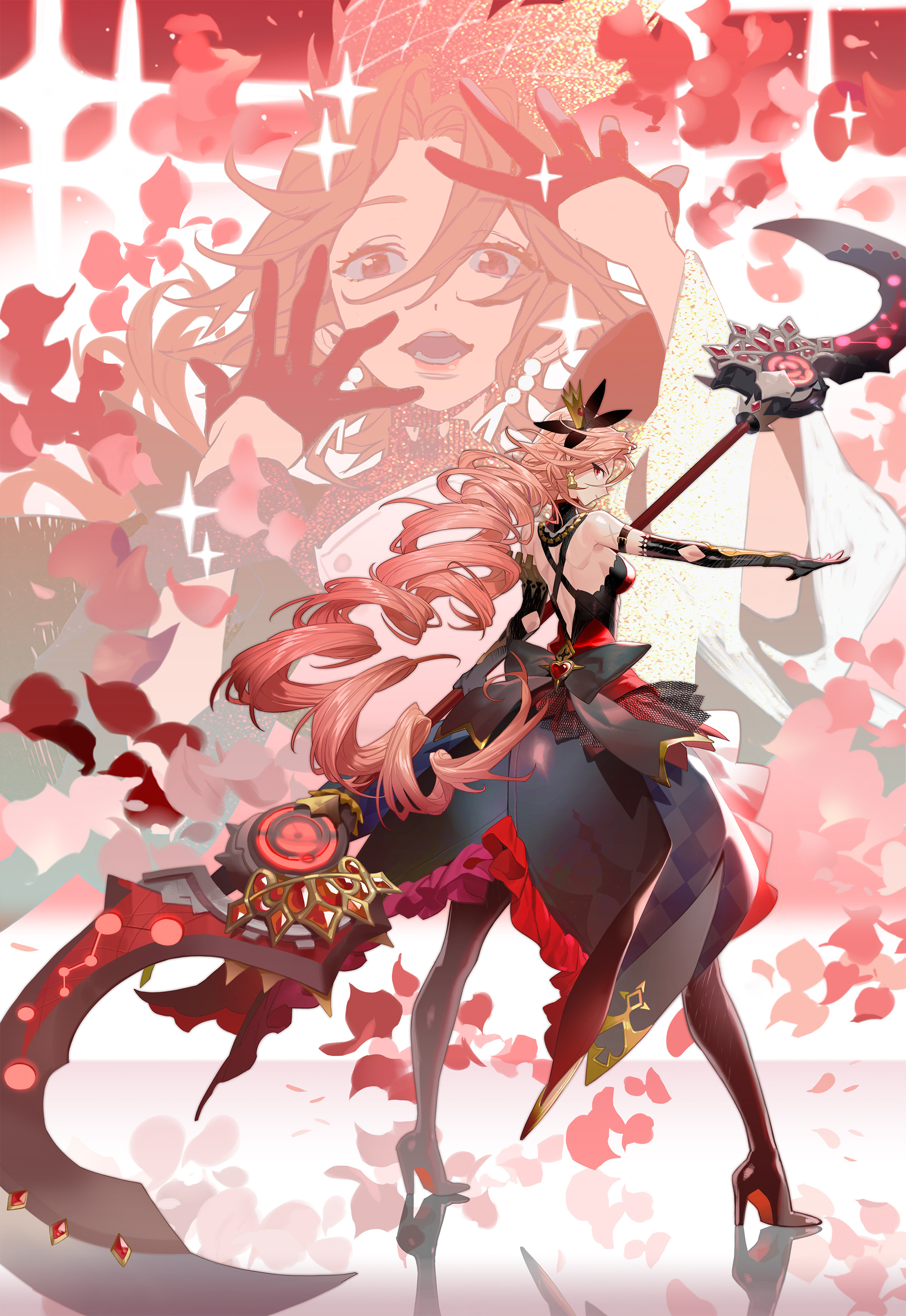 shishio (shishio5431), higan: eruthyll, absurdres, chinese commentary, highres, 1girl, arm at side, arm strap, back bow, bare shoulders, black boots, black bow, black dress, boots, bow, chess piece earrings, closed mouth, colored shoe soles, criss-cross back-straps, crown, curtained hair, dress, drill hair, earrings, elbow gloves, falling petals, frilled dress, frills, from behind, gem, gloves, hair between eyes, hair bow, half gloves, halter dress, halterneck, heart-shaped gem, high heel boots, high heels, holding, holding scythe, holding weapon, jewelry, long hair, looking at viewer, looking back, medium dress, mini crown, open mouth, orange eyes, orange hair, orange lips, outstretched arm, petals, profile, projected inset, red dress, red gemstone, reflection, reflective floor, rose petals, scythe, sirslet, sleeveless, sleeveless dress, solo, sparkle, thigh boots, very long hair, weapon
