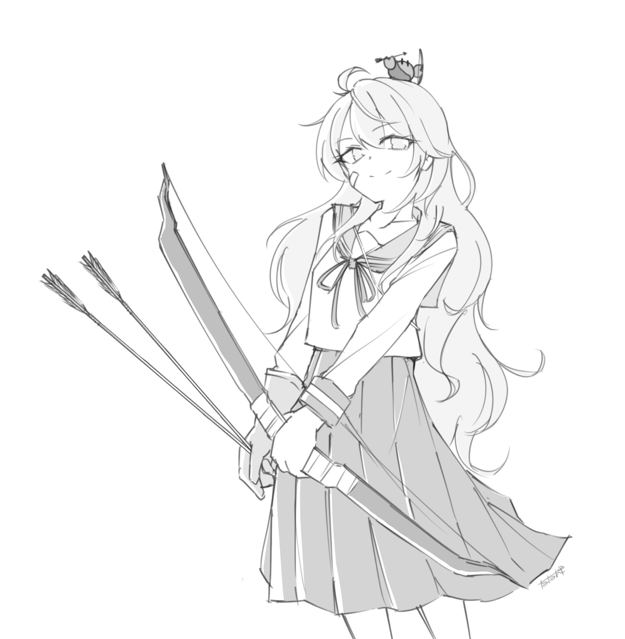 tatahai, oboro (kancolle), kantai collection, highres, 1girl, adapted costume, alternate hair length, alternate hairstyle, alternate sleeve length, animal, animal on head, arrow (projectile), bandaid, bandaid on face, bow (weapon), crab on head, feet out of frame, greyscale, long hair, long skirt, long sleeves, monochrome, on head, skirt, solo, weapon