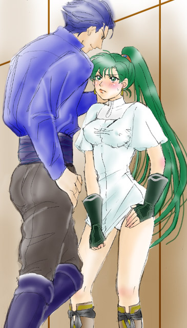 aozora kyuuji, hector (fire emblem), lyn (fire emblem), fire emblem, fire emblem: the blazing blade, nintendo, 1boy, 1girl, blue hair, blush, breasts, covered erect nipples, fingerless gloves, gloves, green hair, long hair, panties, ponytail, underwear