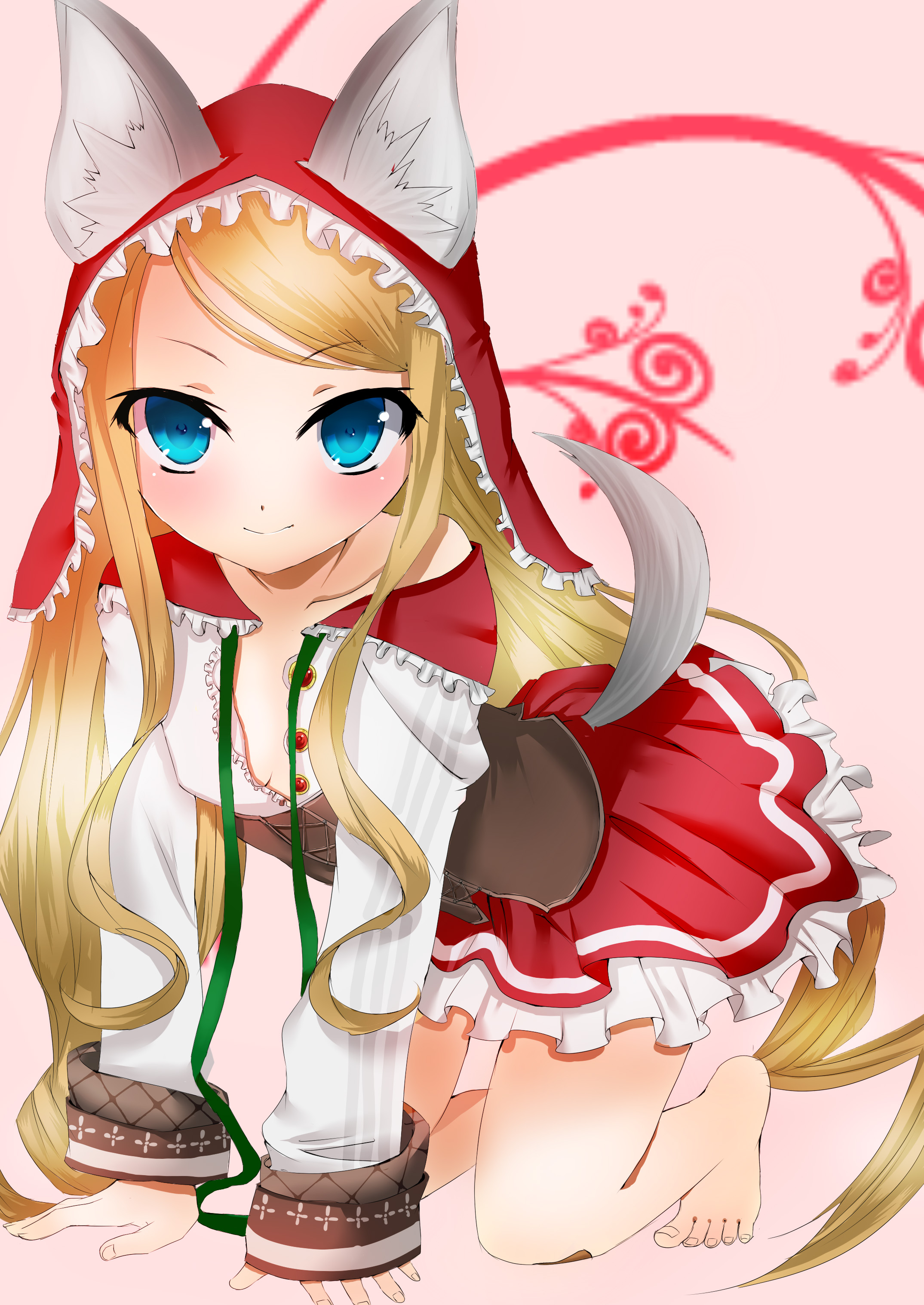 emil chronicle online, absurdres, commentary request, highres, 1girl, all fours, animal ears, asaya (cuteanacoppora), barefoot, blonde hair, blue eyes, breasts, brown corset, capelet, corset, drill hair, frilled skirt, frills, long hair, looking at viewer, pink background, red capelet, red hood, red skirt, shirt, shugoma shimotsuki, skirt, small breasts, solo, tail, undressing, white shirt, wolf ears, wolf tail